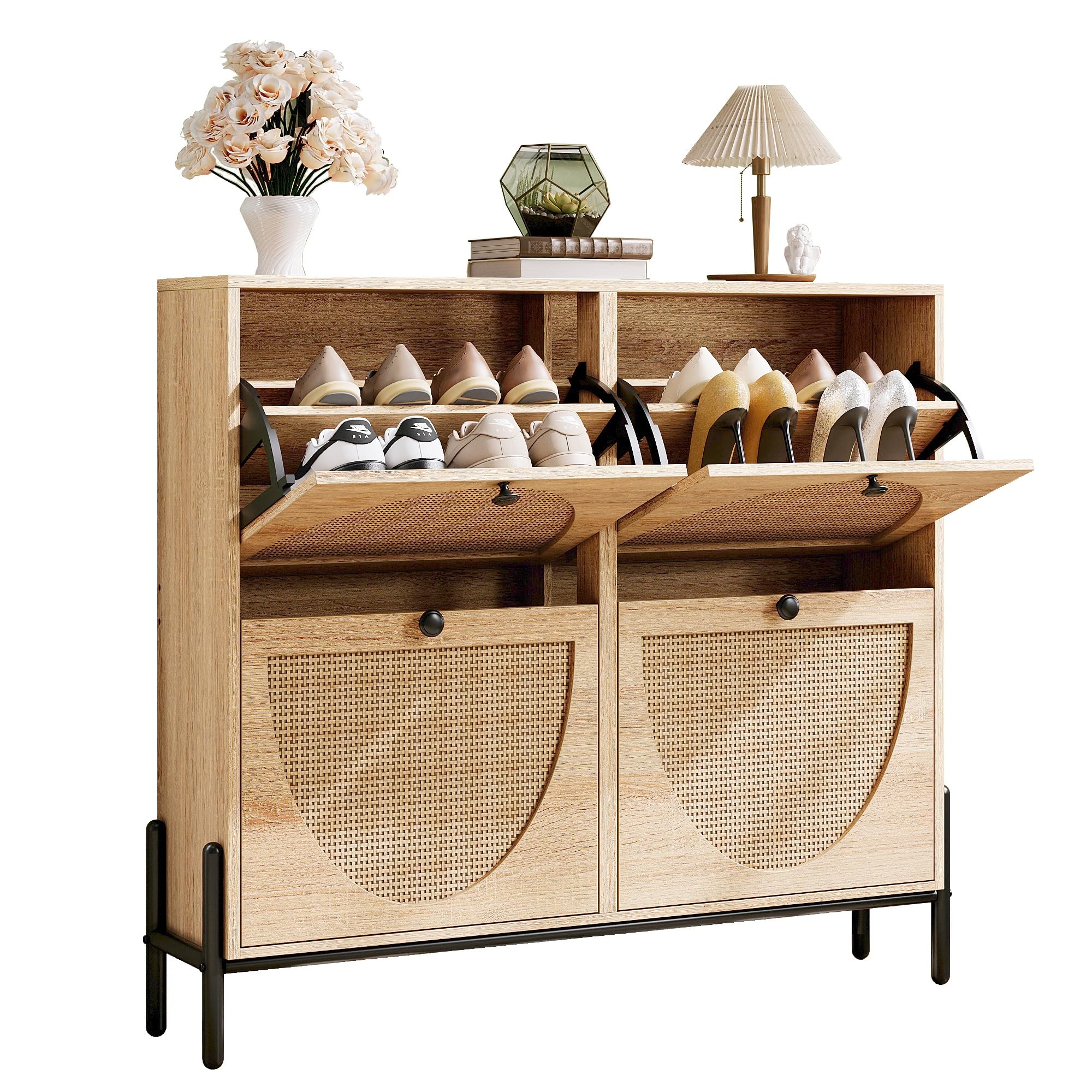 IRONCK Rattan Shoe Cabinet Storage with 4 Flip Drawers, Freestanding Shoe Storage Organizer Cabinet for Entryway, Narrow Shoe Ra