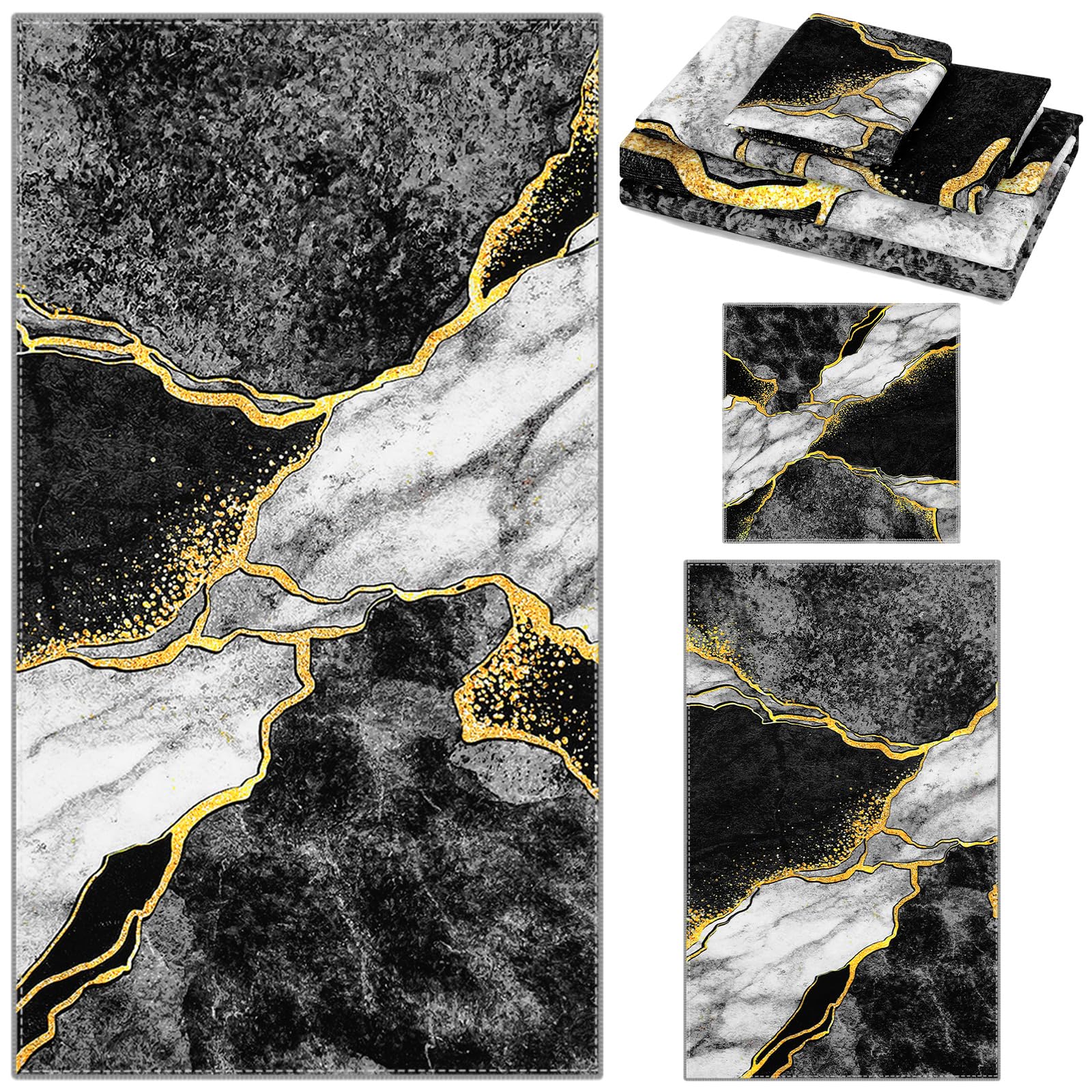 Preboun 3 Pack Black Marble Bathroom Towels Set Gold Line Hand Towels Black Bath Towels Gold Crack Dish Towels Absorbent Fingert