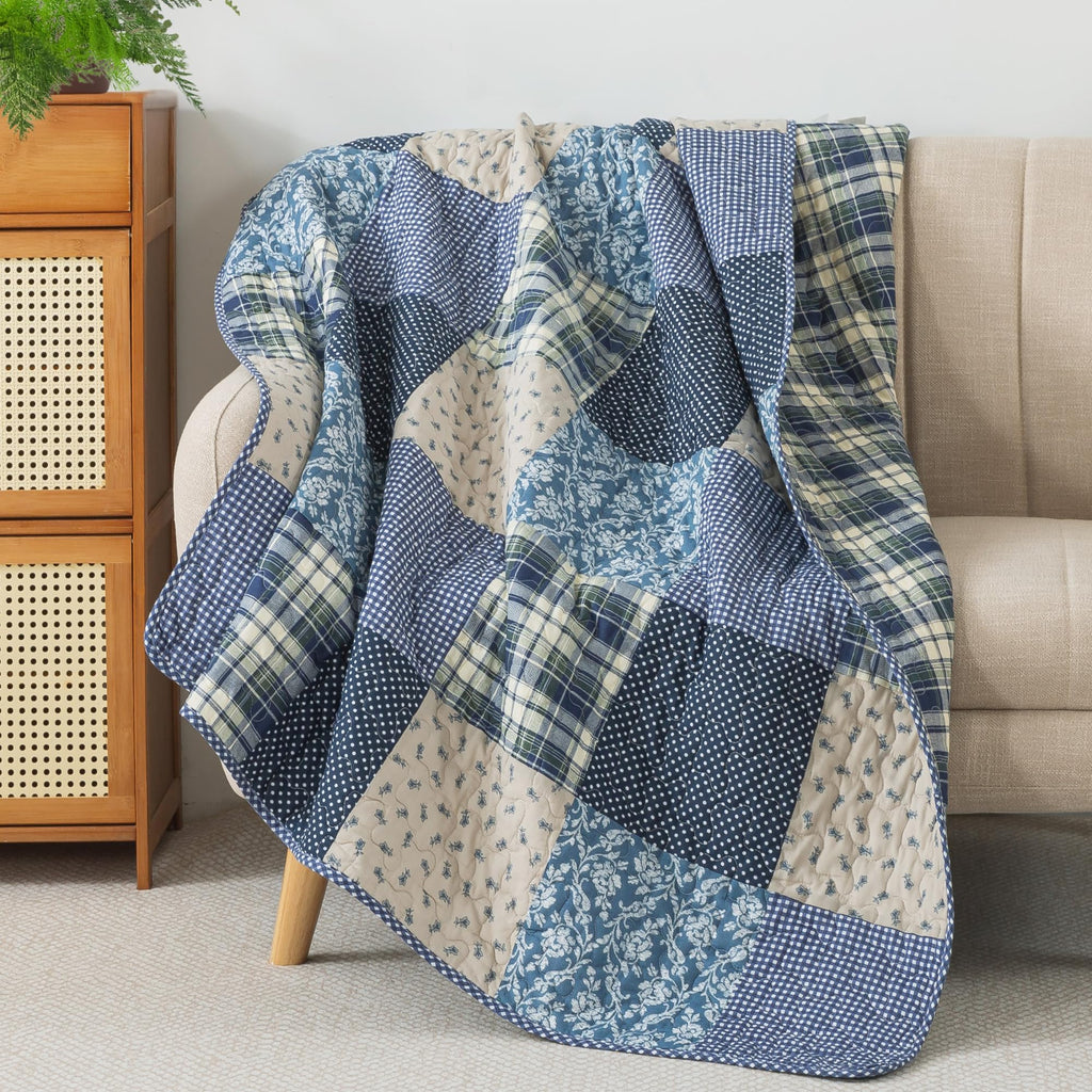 Slpr Blue Symphony 50' X 60' Cotton Quilted Throw Blanket, Country Farmhouse Checkered Patchwork Throw Quilt For Couch, Lightw