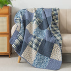 Slpr Blue Symphony 50' X 60' Cotton Quilted Throw Blanket, Country Farmhouse Checkered Patchwork Throw Quilt For Couch, Lightw