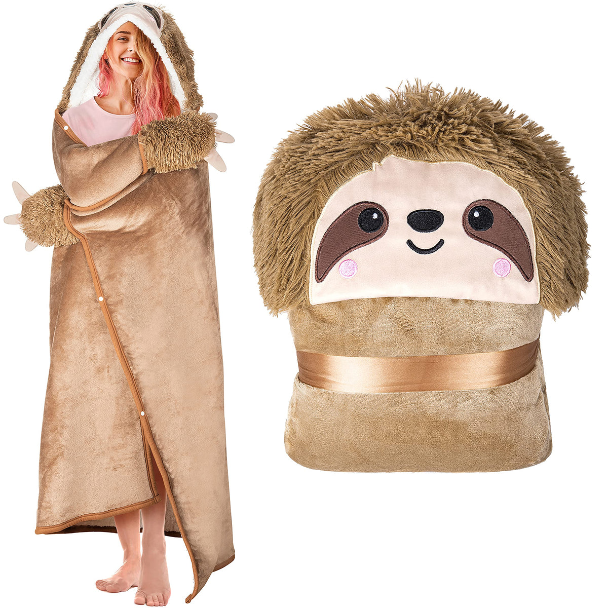 Sloth Wearable Hooded Blanket For Adults - Super Soft Warm Cozy Plush Flannel Fleece & Sherpa Hoodie Throw Cloak Wrap - Sloth Gi