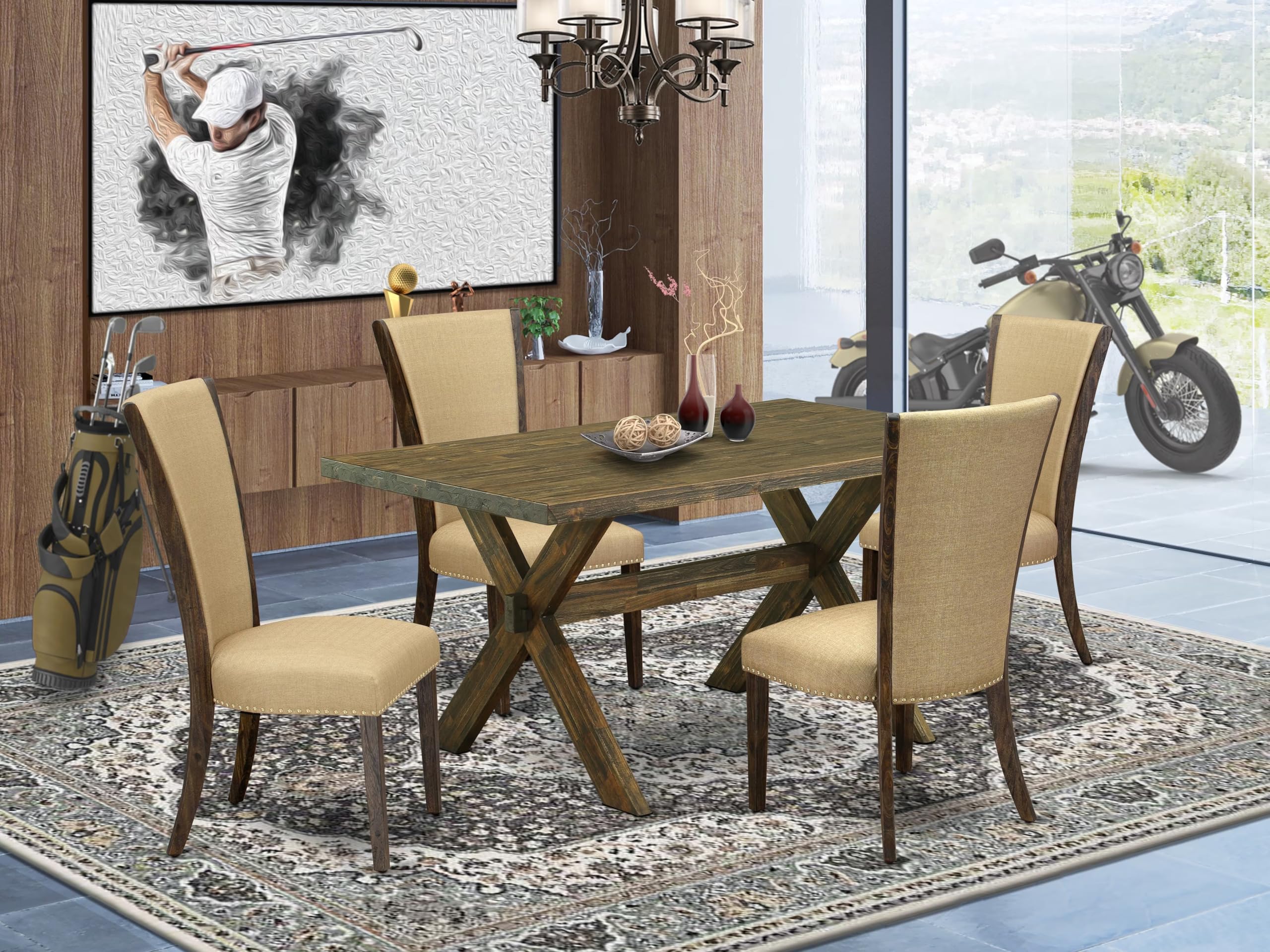 East West Furniture X776Ve703-5 5 Piece Dinette Set For 4 Includes A Rectangle Dining Room Table With X-Legs And 4 Brown Linen Fabric Upholstered Parson Chairs, 36X60 Inch, Multi-Color