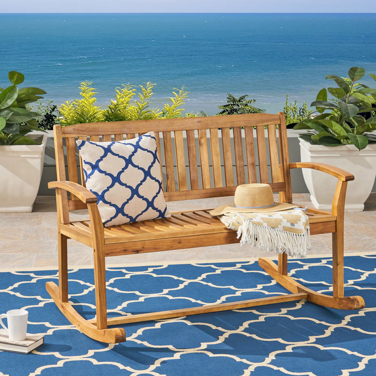 Outdoor Acacia Wood Rocking Chair, All-Weather Resistant 2-Person Loveseat,Heavy Duty Bench With Wide Curved Seats, Modern Solid