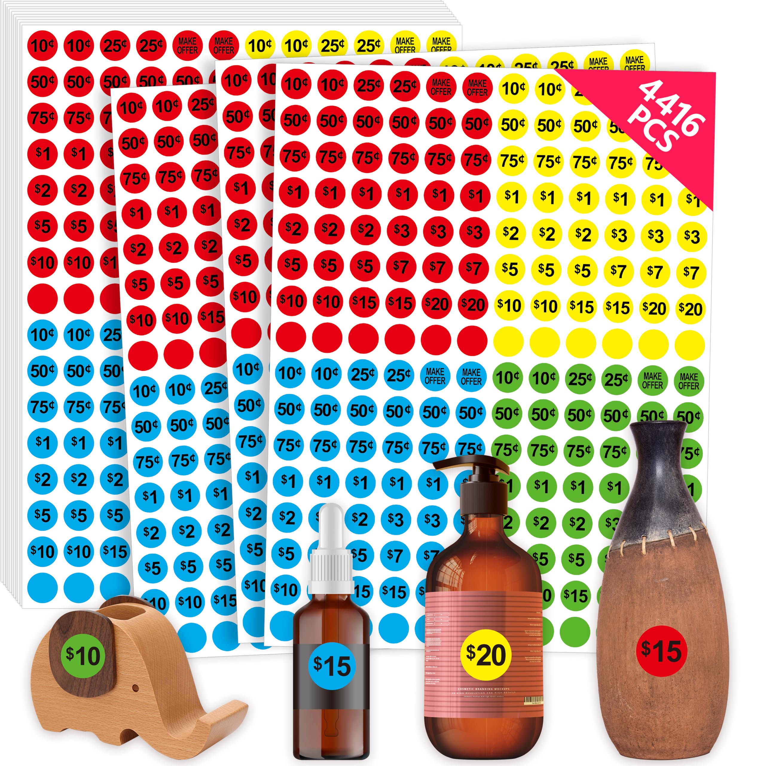 4416 Pcs Pre-Priced Pricing Stickers, Sale Labels In 4 Bright Colors (Yellow/Red/Green/Cyan), Price Tag Stickers For Yard/Garage