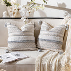 BlissBlush Gray Decorative Throw Pillow Cover 18X18 Combo Set of 2 Square Boho Neutral Grey Accent Pillowcase Tassels Farmhouse 