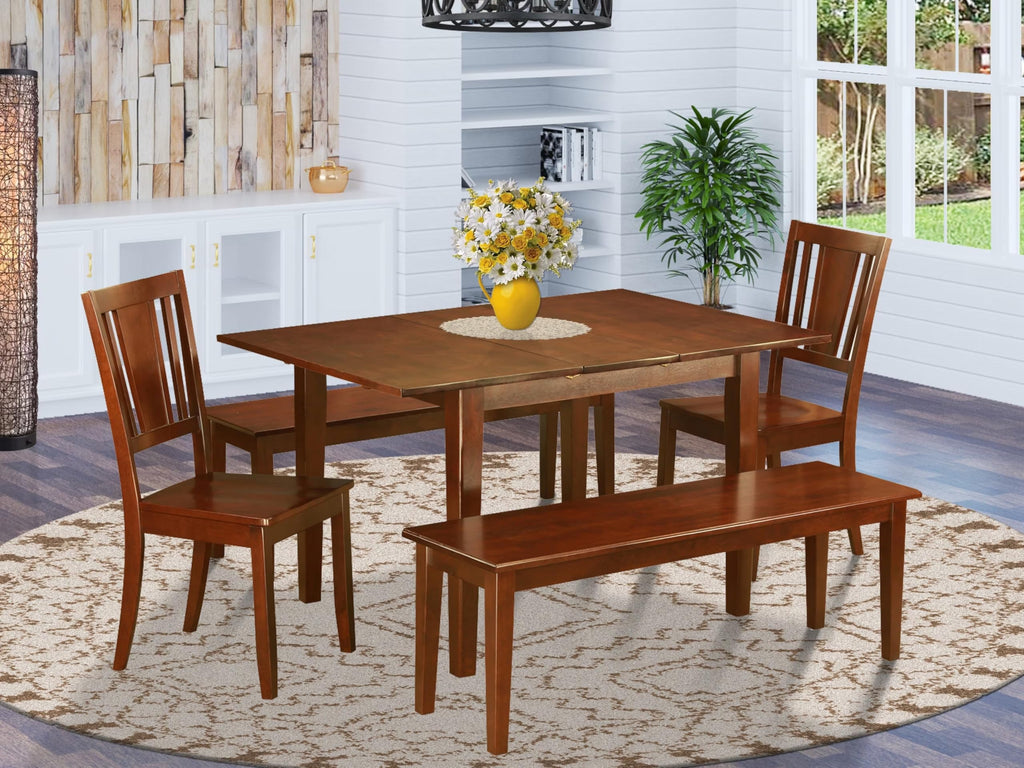 East West Furniture PSDU5D-MAH-W 5 Piece Dining Table Set for 4 Includes a Rectangle Kitchen Table with Butterfly Leaf and 2 Dining Chairs with 2 Benches, 32x60 Inch, Mahogany