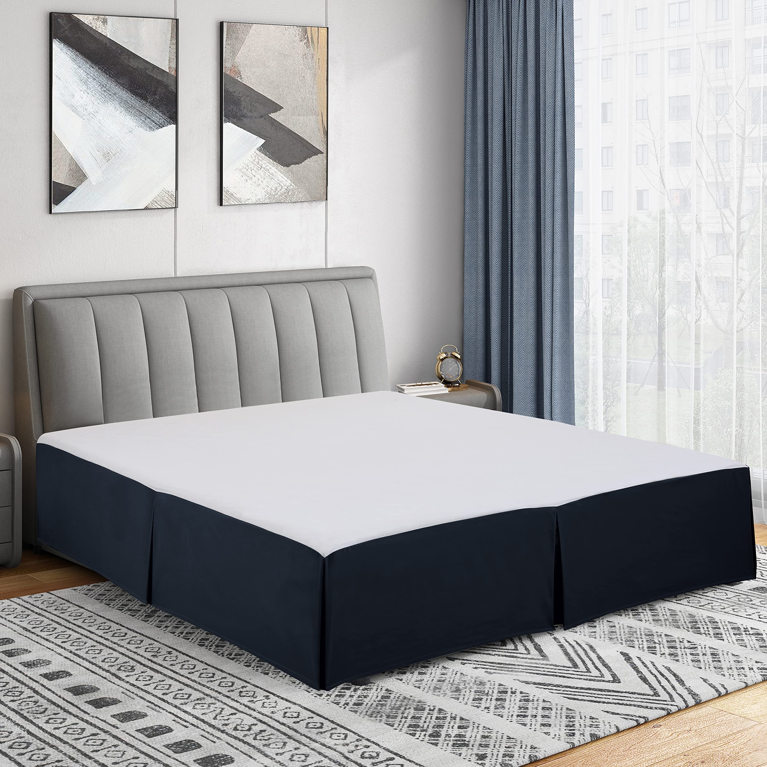 Cathay Home Double Brushed Microfiber Pleated Easy Fit Bed Skirt, Ultra Soft, Fade And Wrinkle Resistant - Navy, California King