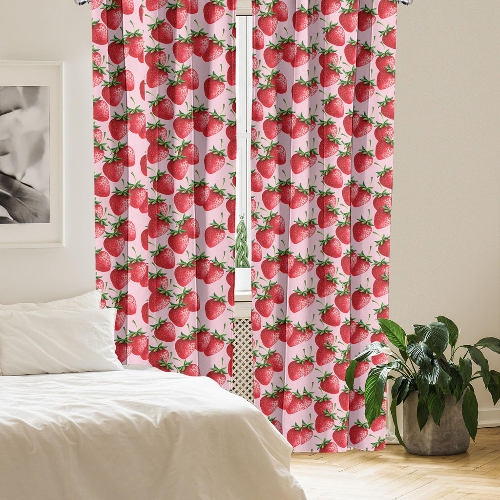 Ambesonne Fruit Window Curtains Pack Of 2, Delicious Big Strawberries On Pink Background Tasty Juicy Ripe Summer Fruits, Lightwe