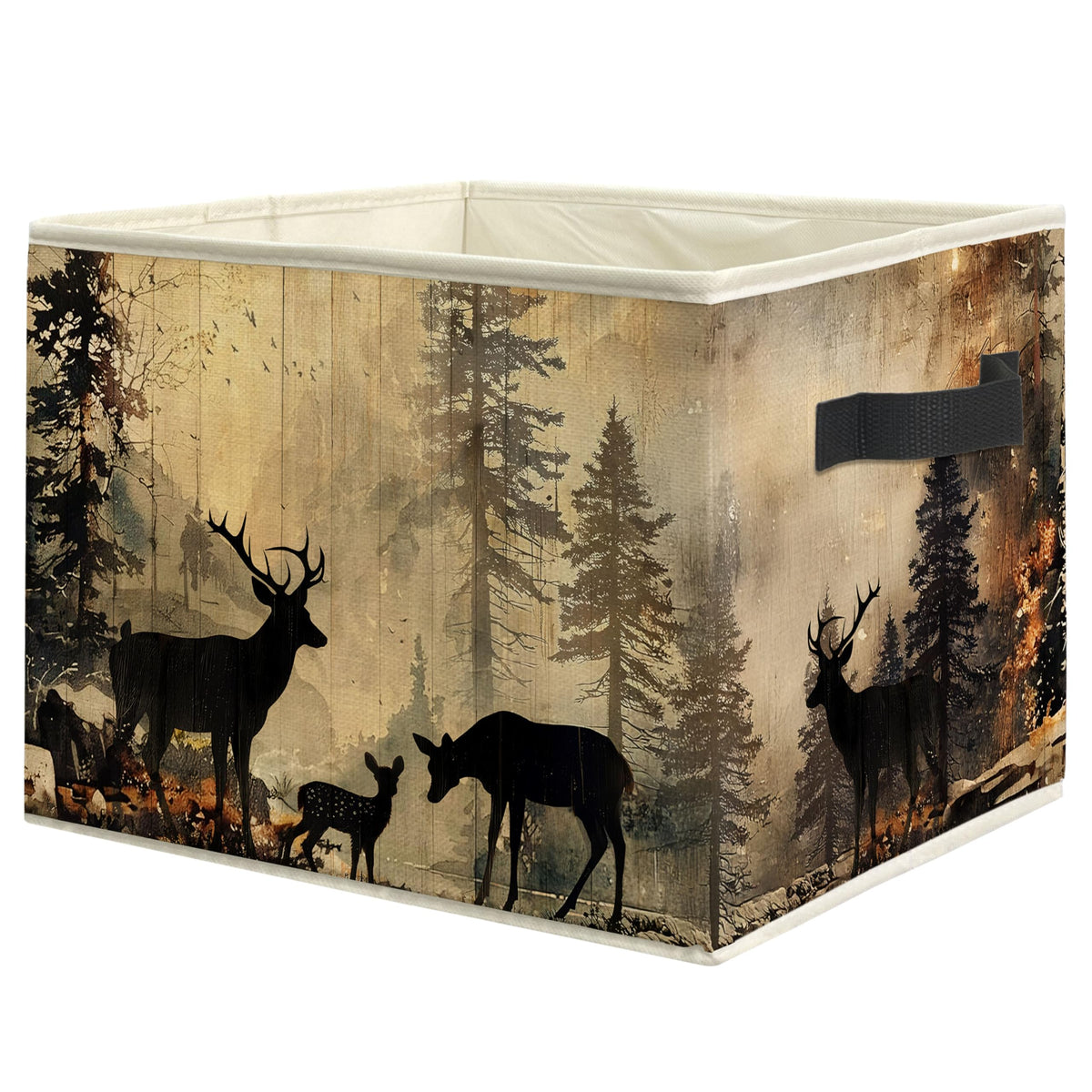 WARDOS Vintage Camping Forest Deer Nursery Storage Bin Box with Handles, Farmhouse Rustic Deer Foldable Linen Fabric Laundry Bas
