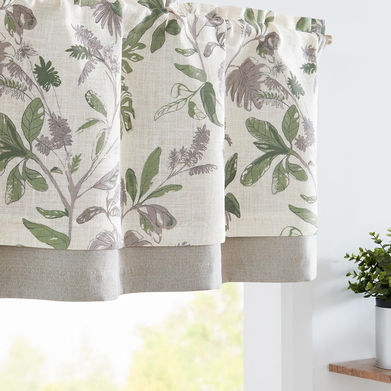 jinchan Linen Valance Double Layer Kitchen Window Curtain Green Leaf on Beige Valance for Living Room Cafe Farmhouse Room Darken