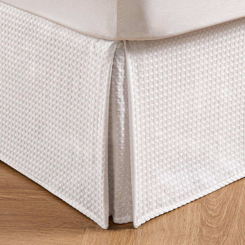 Miye Pleated Waffle Weave Bed Skirt, Tailored Dust Ruffle 22 Inch Drop Easy Fit, Machine Washable (White, Full - 22'' Drop)