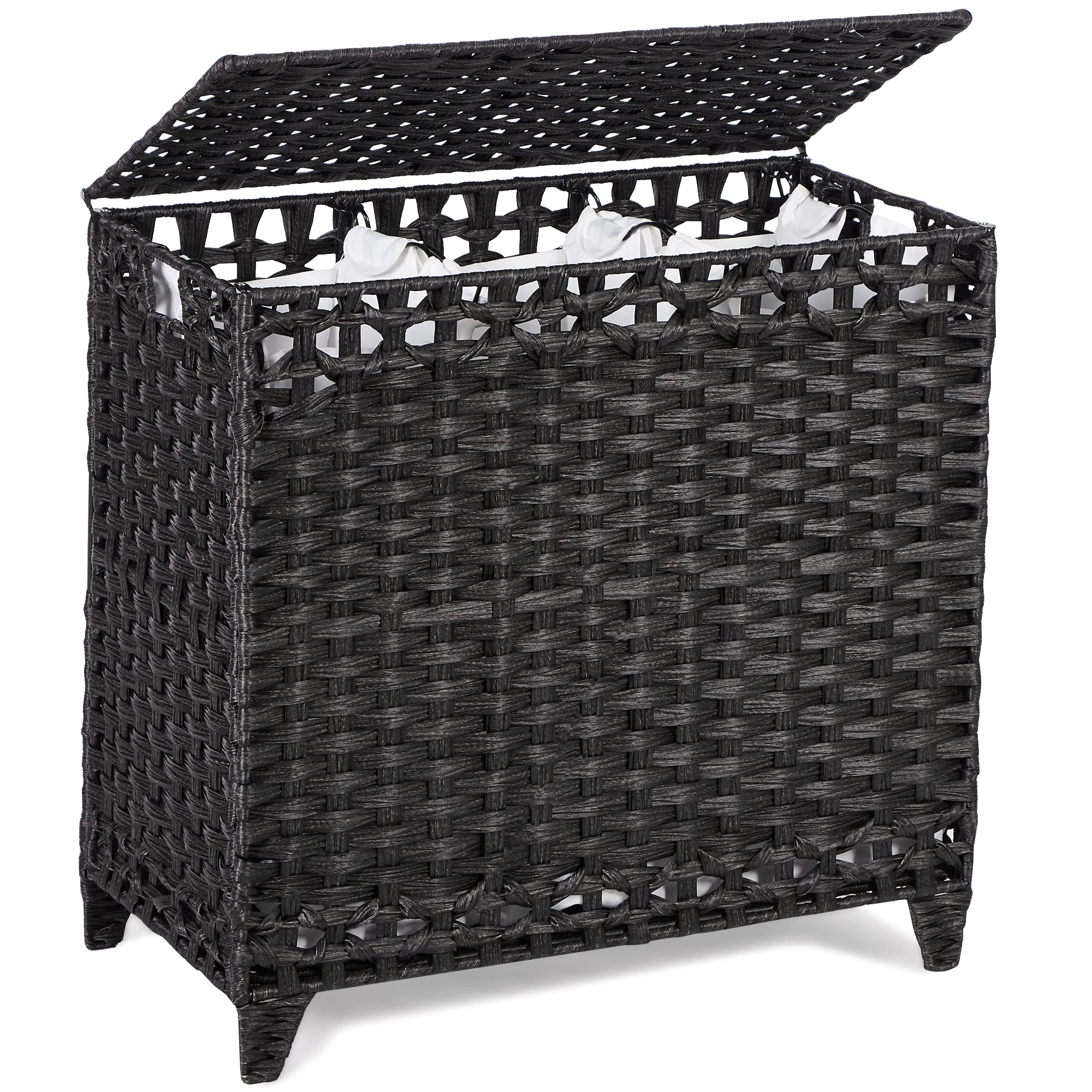 Laundry Hamper with 3 Removable Liner Bags; 132L Handwoven Rattan Laundry Basket with Lid & Heightened Feet; Clothes Hamper with