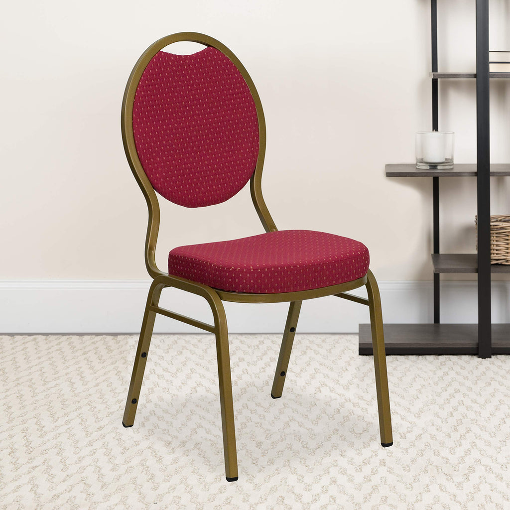 Flash Furniture Hercules Series Teardrop Back Stacking Banquet Chair In Burgundy Patterned Fabric - Gold Frame