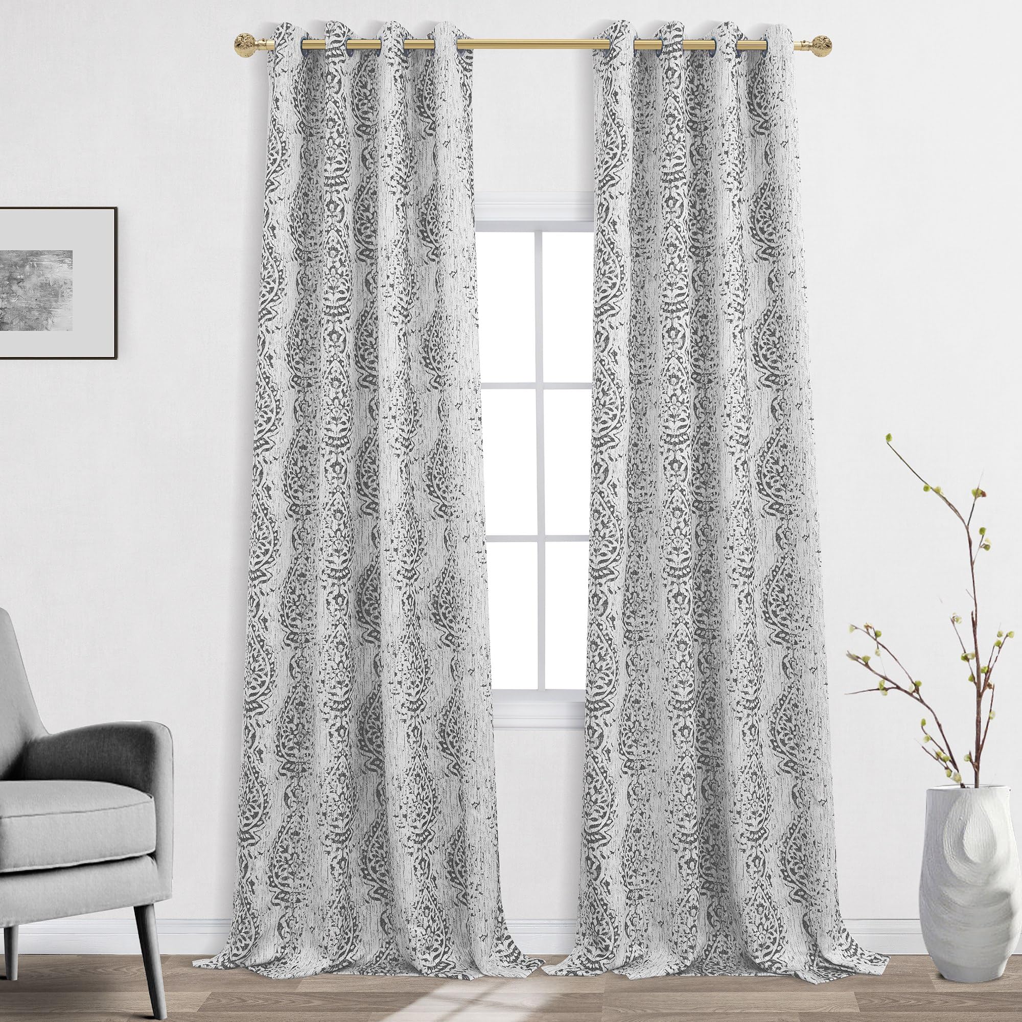 Mrs.Naturall Drapes 108 Inches Long Tall Curtains For High Ceiling Living Room 2 Panel With Damask Print Design Grommet Room Darkening Draperies For Sliding Glass Door,Grey And White