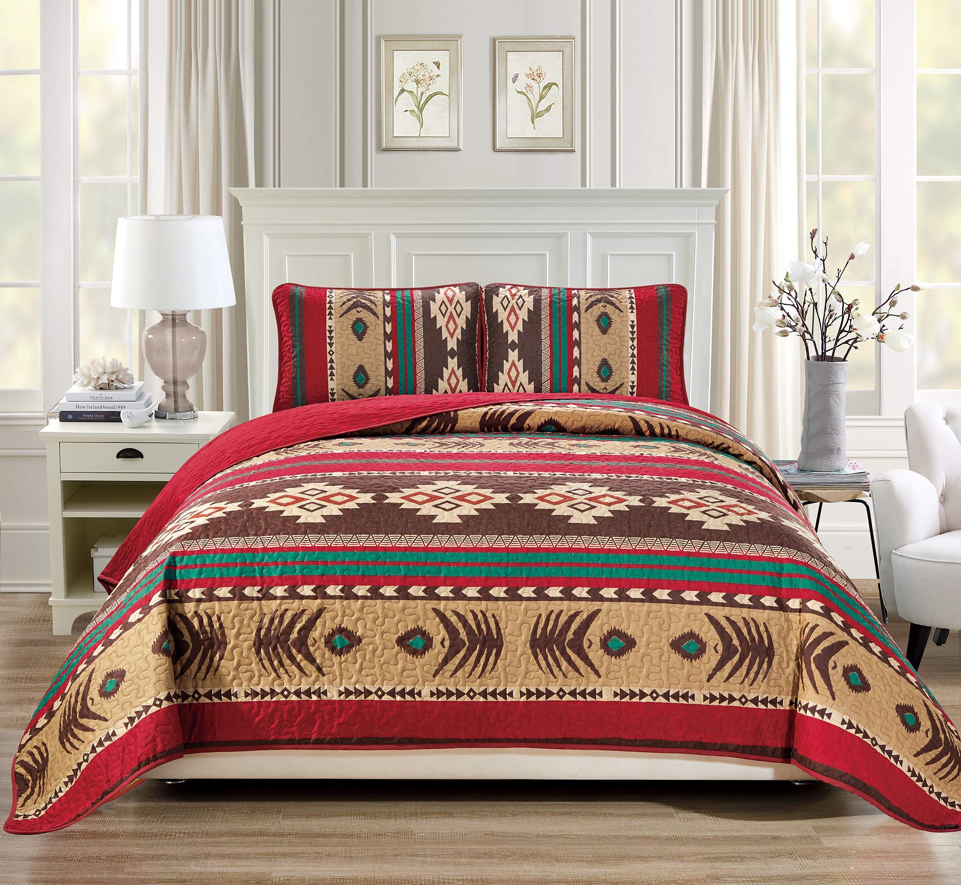 Rugs 4 Less Western Southwestern Native American Tribal Navajo Design Oversize Quilted Bedspread In Brown Green And Burgundy Moj