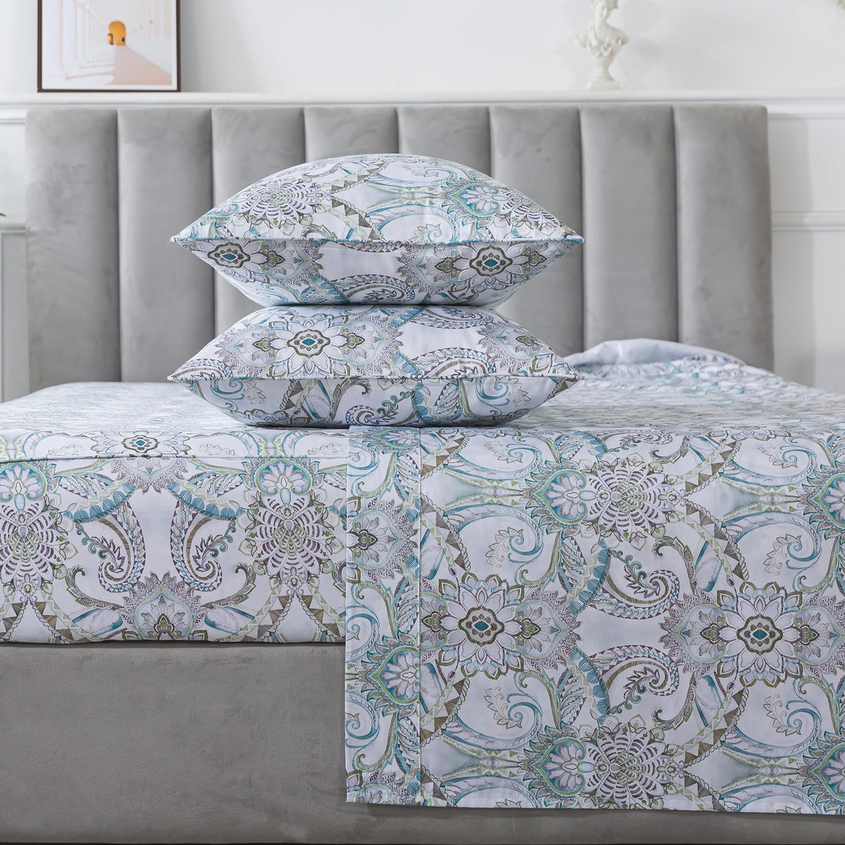 Fadfay Blue Paisley Sheets Set King Classic Boho Paisley Bedding Luxurious Bohemian Damask Paisley Bed Sheet Breathable 100% Egy