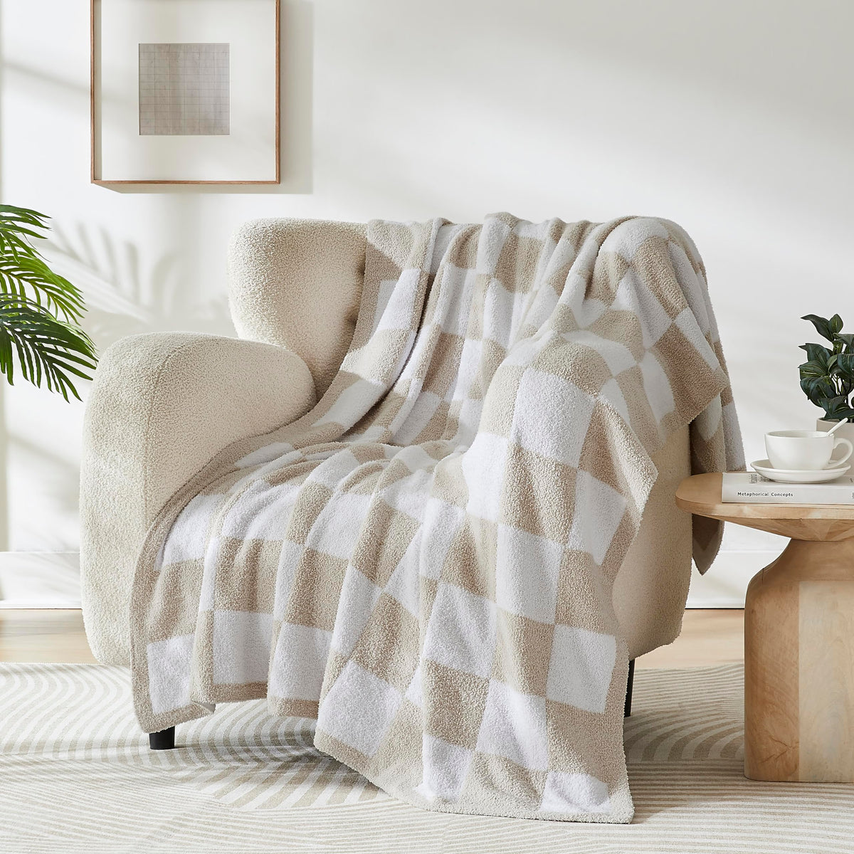 R.Share Beige Checkered Throw Blanket 50X70 Inch, Tan Cream And White Taupe Microfiber Lightweight Soft Comfy Cozy Fluffy Fuzzy