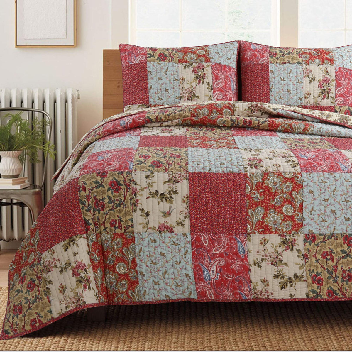 Cozy Line Home Fashions Adeline Red Teal Khaki Floral Country Real Patchwork 100% Cotton Reversible Coverlet Bedspread Quilt Bed