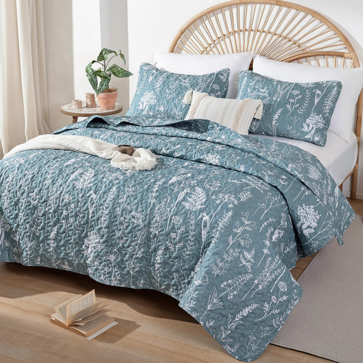 Janzaa Quilts Queen Size Bed Spread Botanical 3 Pieces Quilts Queen Size Sets With Floral Pattern Lightweight Microfiber Bedding