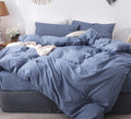 Moomee Bedding Duvet Cover Set 100% Washed Cotton Linen Like Textured Breathable Durable Soft Comfy (Blue, Super Queen)