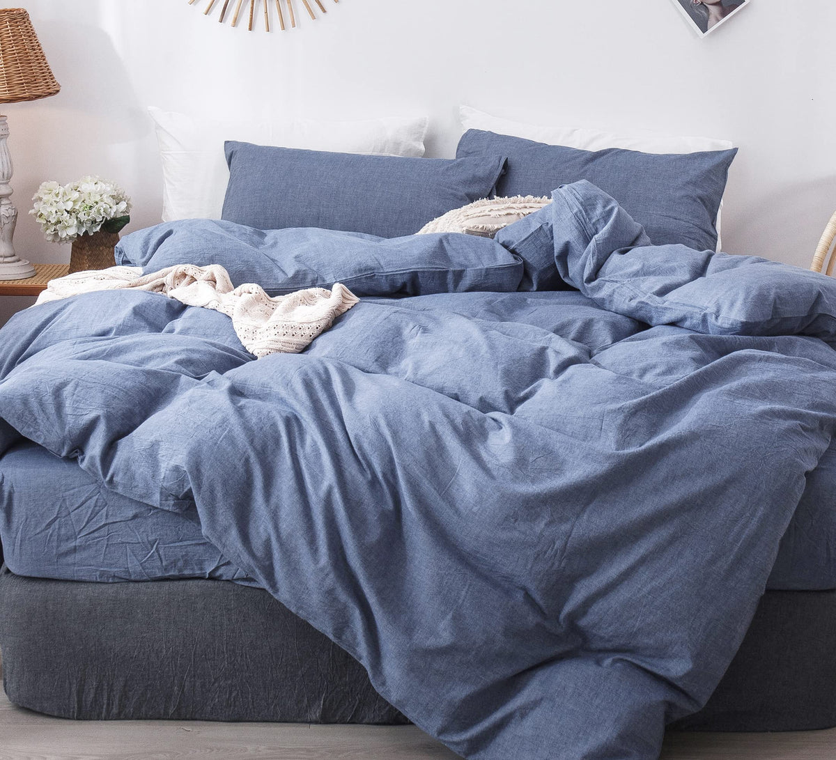 Moomee Bedding Duvet Cover Set 100% Washed Cotton Linen Like Textured Breathable Durable Soft Comfy (Blue, Super Queen)
