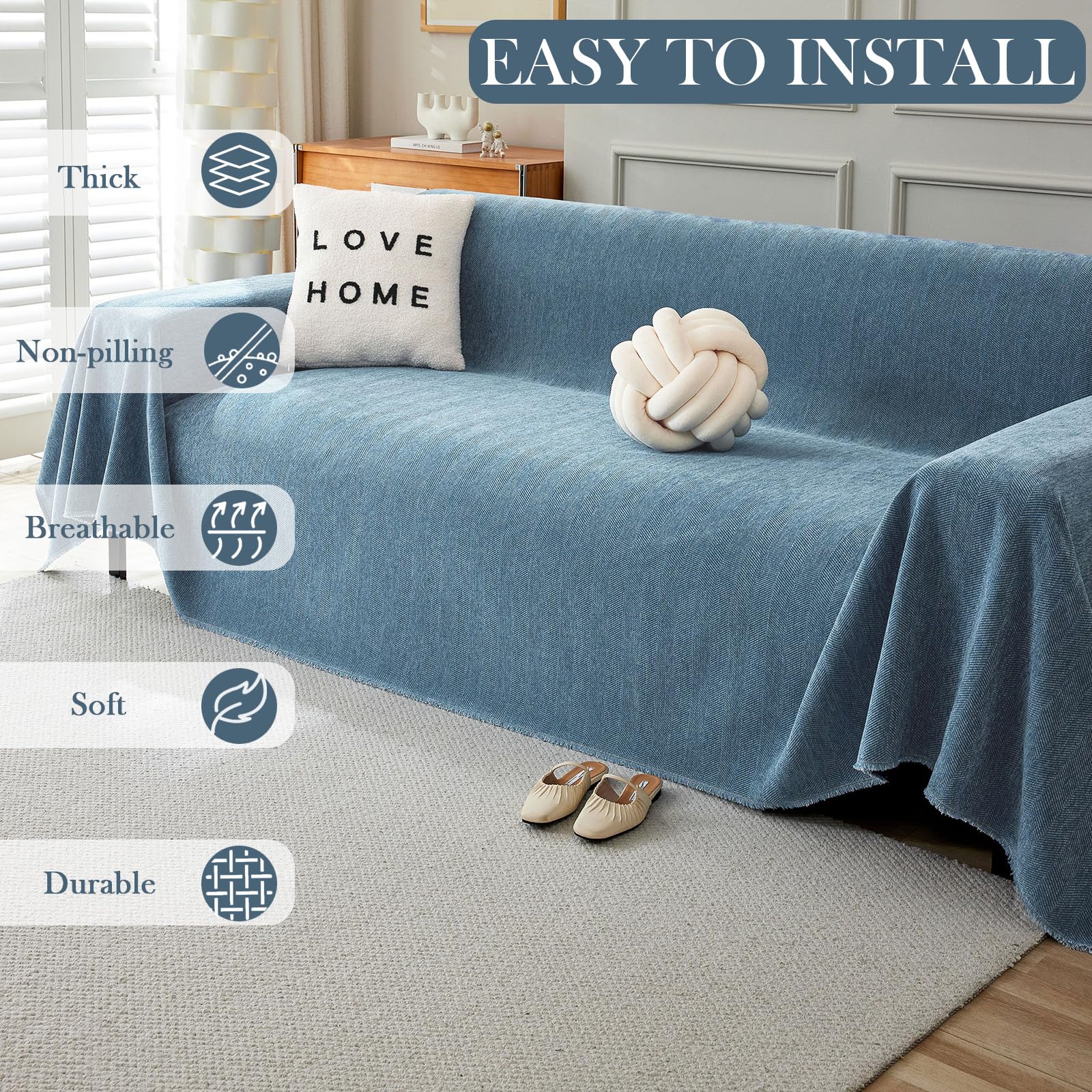 Handontime Couch Slipcover Dog Sofa Covers Boho Couch Cover For Dogs Blue Sofa Throw Cover Bohemian Sofa Covers For 3 Cushion Couch Herringbone Sectional Couch Cover Slipcovers For Sofas, 91' X118'