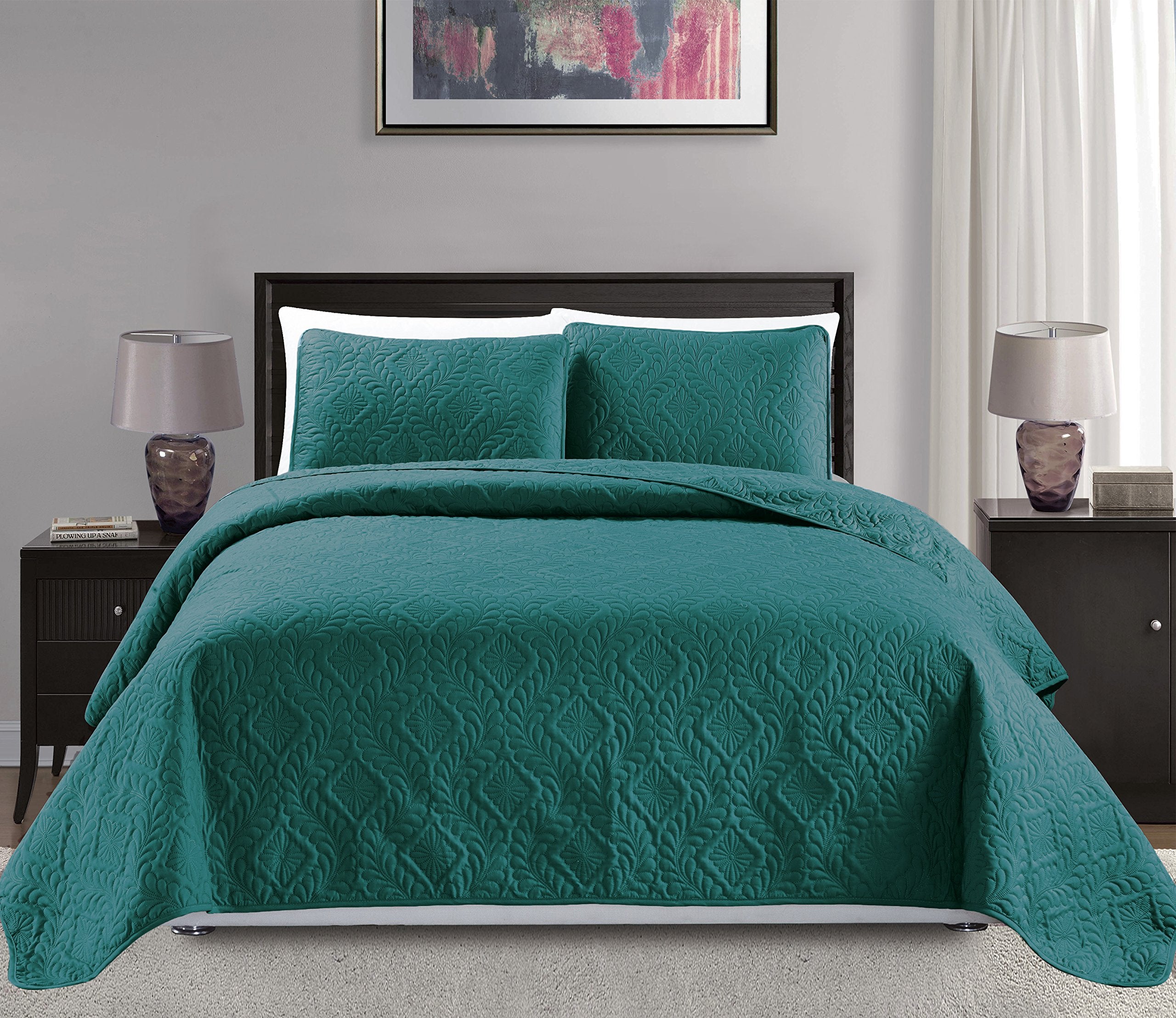 Mk Collection 3Pc Full/Queen Over Size Diamond Bedspread Bed Cover Embossed Solid Turquoise New