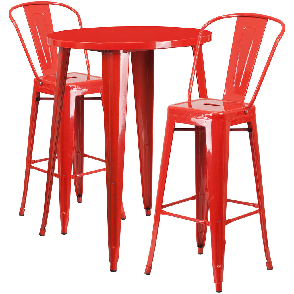 Flash Furniture Commercial Grade 30" Round Red Metal Indoor-Outdoor Bar Table Set With 2 Cafe Stools