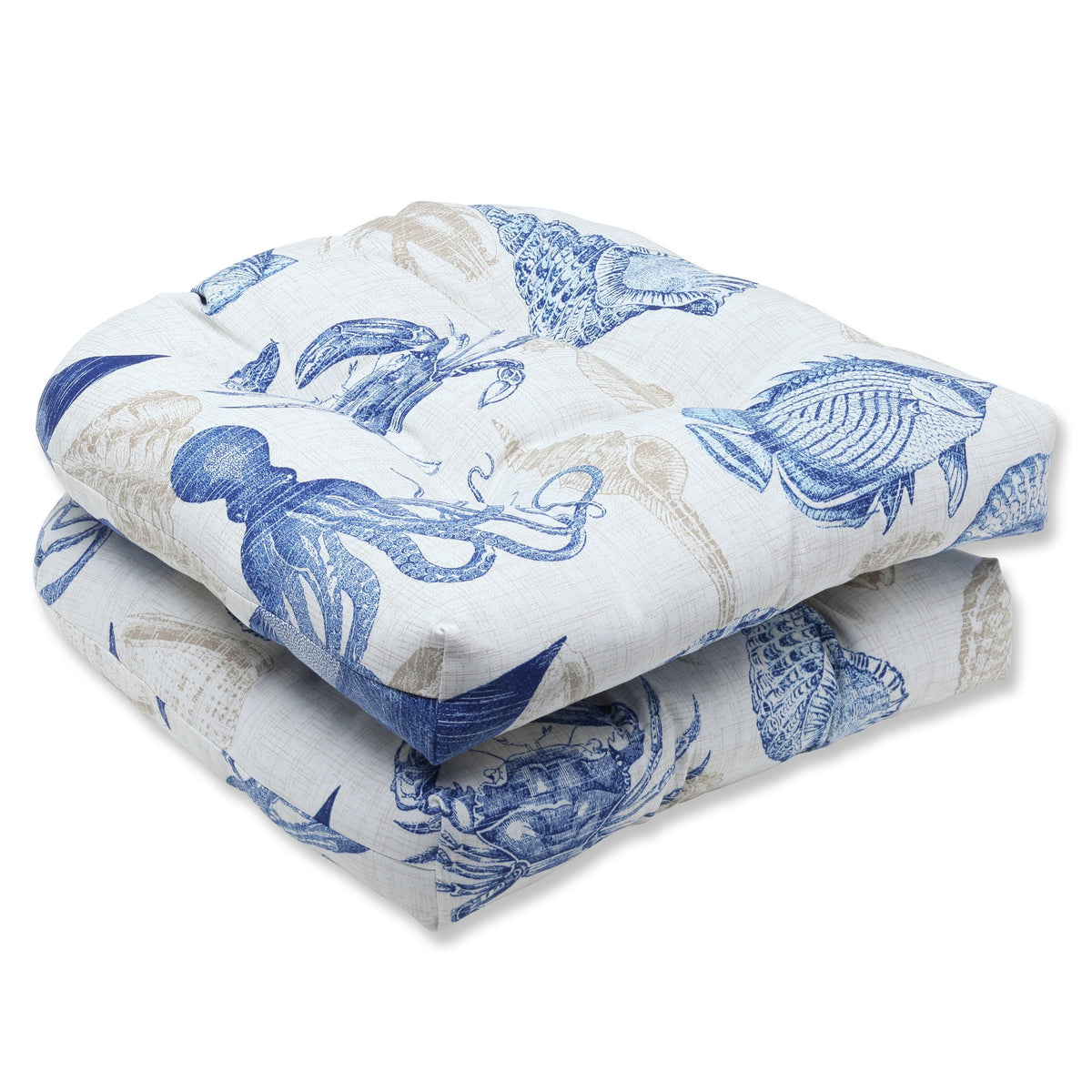 Pillow Perfect Outdoor/Indoor Sealife Marine Tufted Seat Cushions (Round Back), 2 Count (Pack Of 1), Blue
