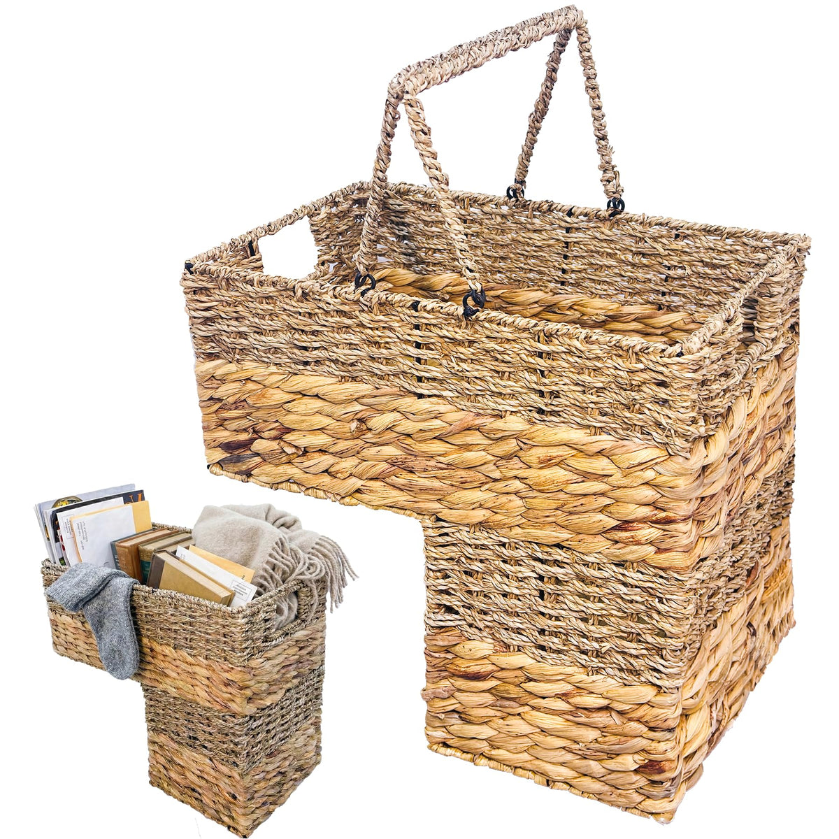 LShaped Wicker Stair Basket with Carry Handles, Reinforced Metal Frame