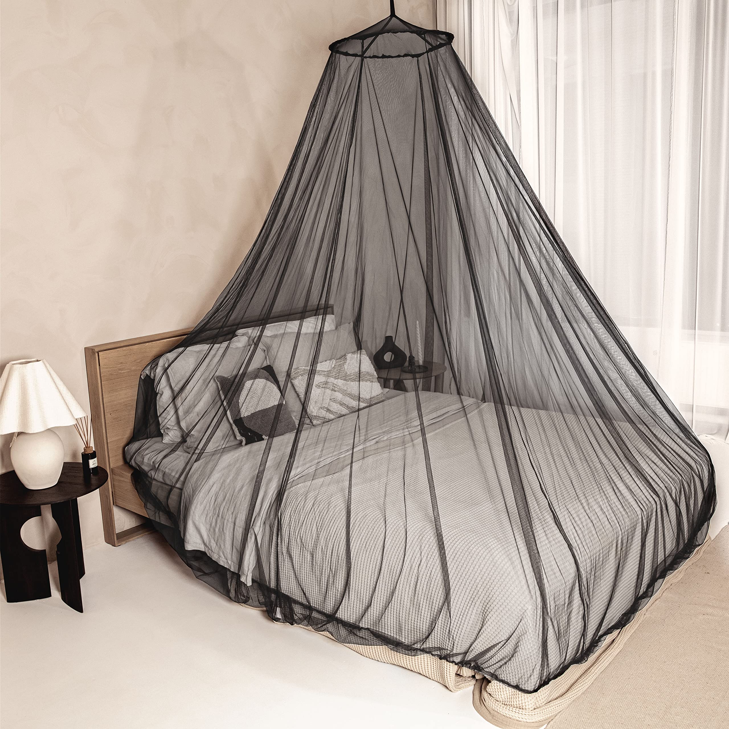 Black Mosquito Net For Single To King-Sized Beds - 2 Openings Or Fully-Enclosed Bed Canopy - Conical Design For Decoration Or Tr