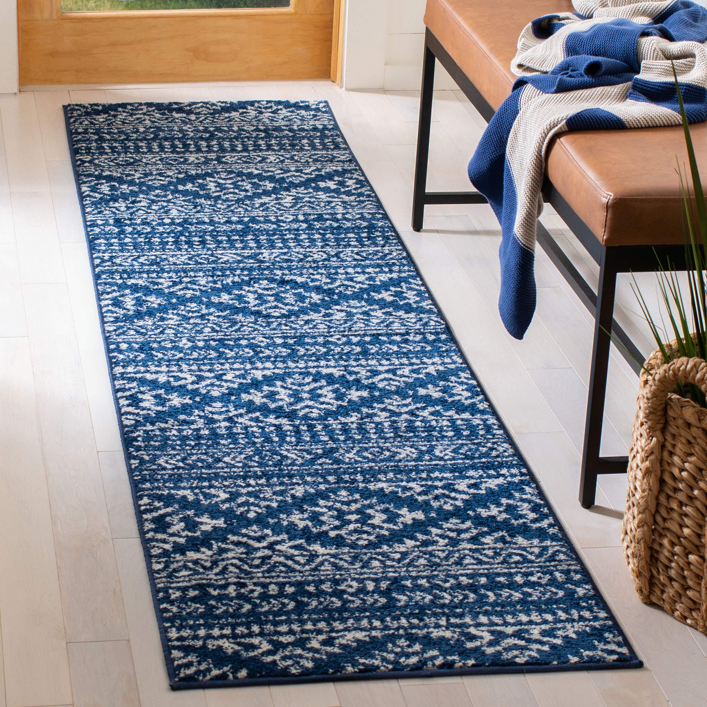 SAFAVIEH Tulum Collection Runner Rug - 2 x 9, Navy & Ivory, Moroccan Boho Tribal Design, Non-Shedding & Easy Care, Ideal for H
