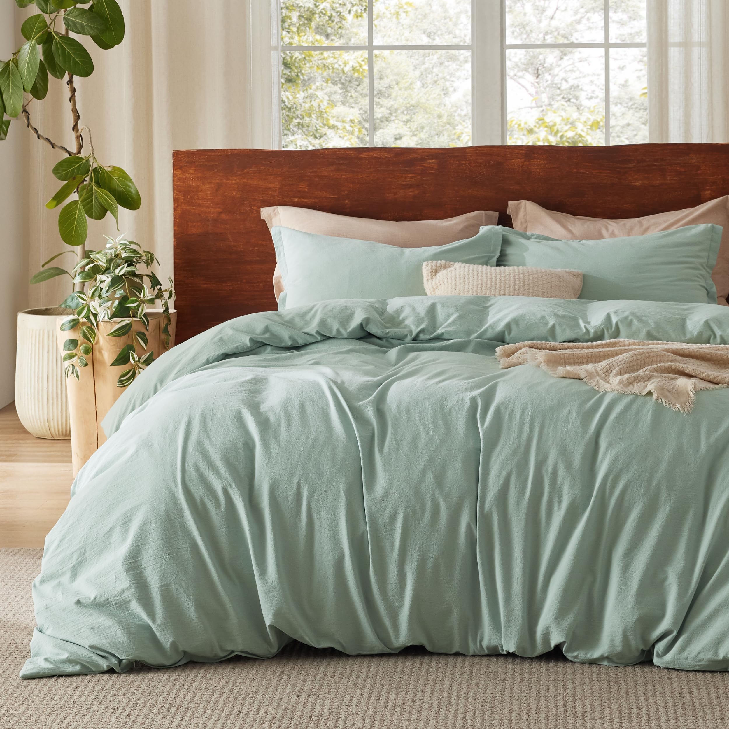 Bedsure 100% Washed Cotton Duvet Cover Queen - Sage Green Minimalist Cotton Duvet Cover Linen Like - 3 Pieces Gentlesoft™ Plain Simple Bedding Set With 2 Pillow Shams (Sage Green, Queen, 90'X90')
