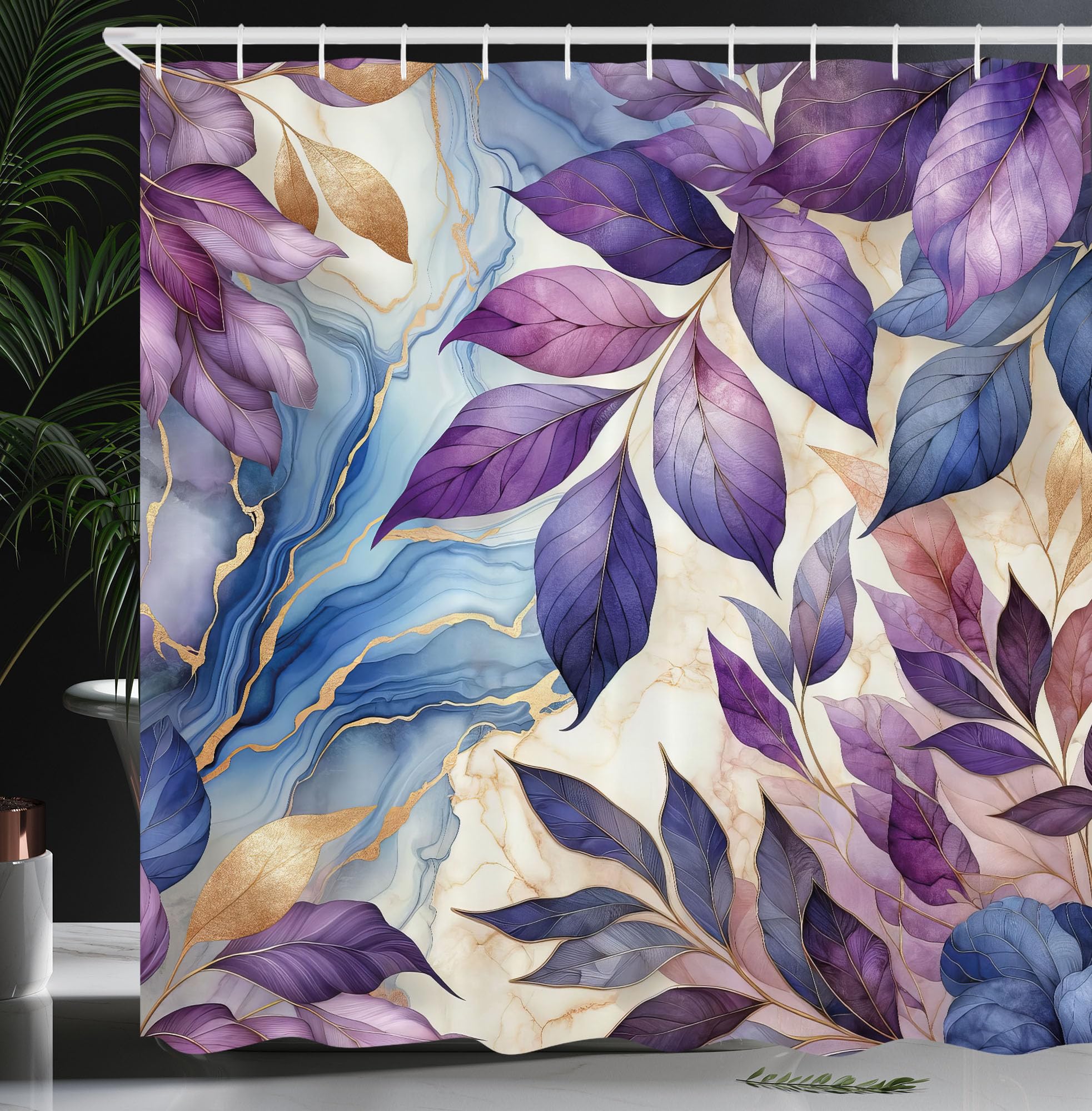 Ambesonne Purple Shower Curtain, Leaves Dancing in The Wind Art on a Marble Print Background in Warm Tones, Cloth Fabric Bathroo