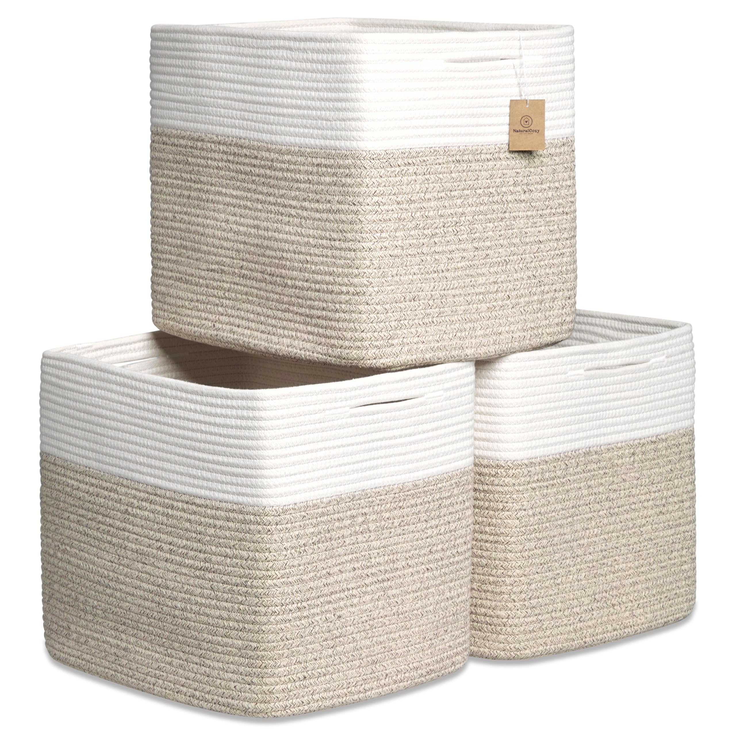 NaturalCozy 13x15x13 Kallax Storage Cubes Bins, 3 Pack | Cotton Rope Cube Storage Bin Woven Baskets for Organizing | Kallax Inse