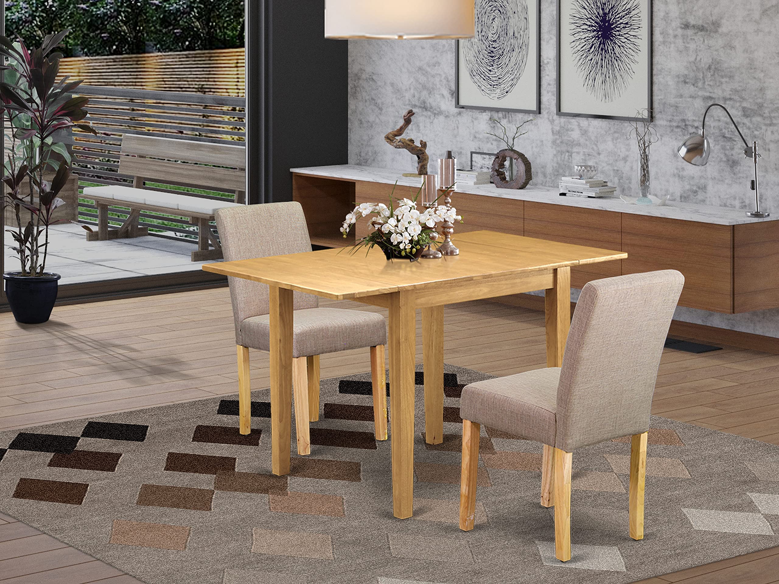 East West Furniture 3 Piece Kitchen Table Set Contains a Rectangle Dining Table with Dropleaf and 2 Light Tan Linen Fabric Parson Dining Room Chairs