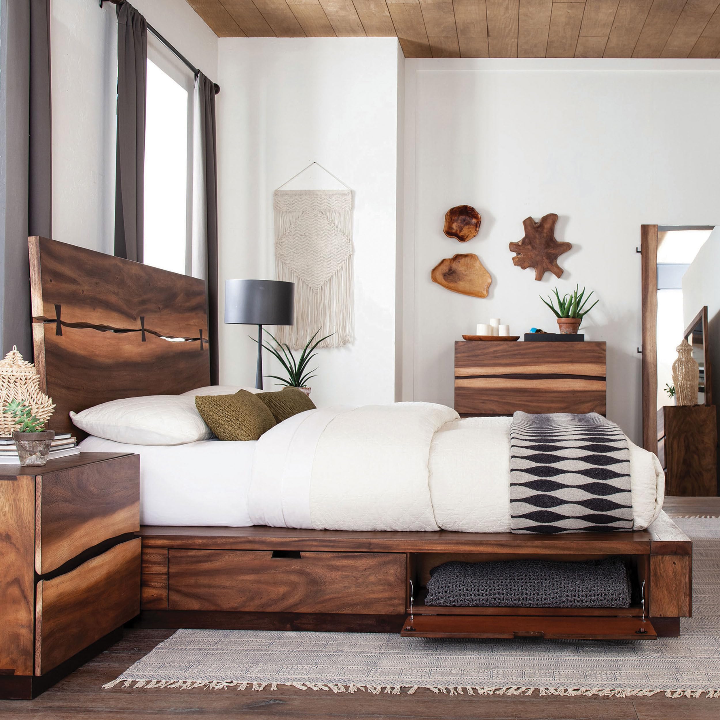 Coaster Home Furnishings Winslow Farmhouse Wood Eastern King Size Storage Panel Bed Frame Platform Bed 54-inch Headboard Smokey Walnut 223250SKE