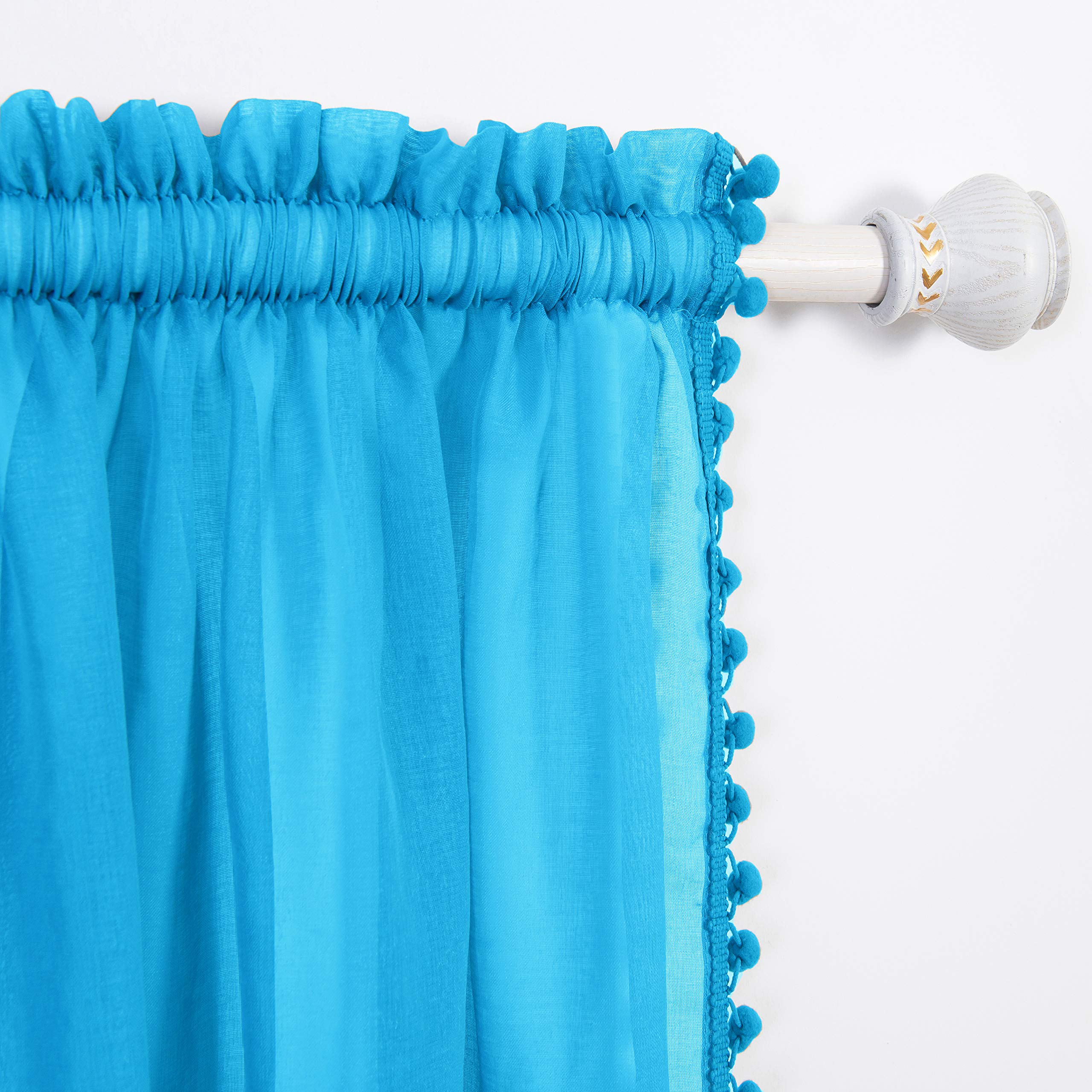 Elegant Comfort Semi-Sheer Pom Pom Tassels Curtains - 2 Panels Set - with 2inch Rod Pocket - Solid Sheer Curtain Drapes for Livi