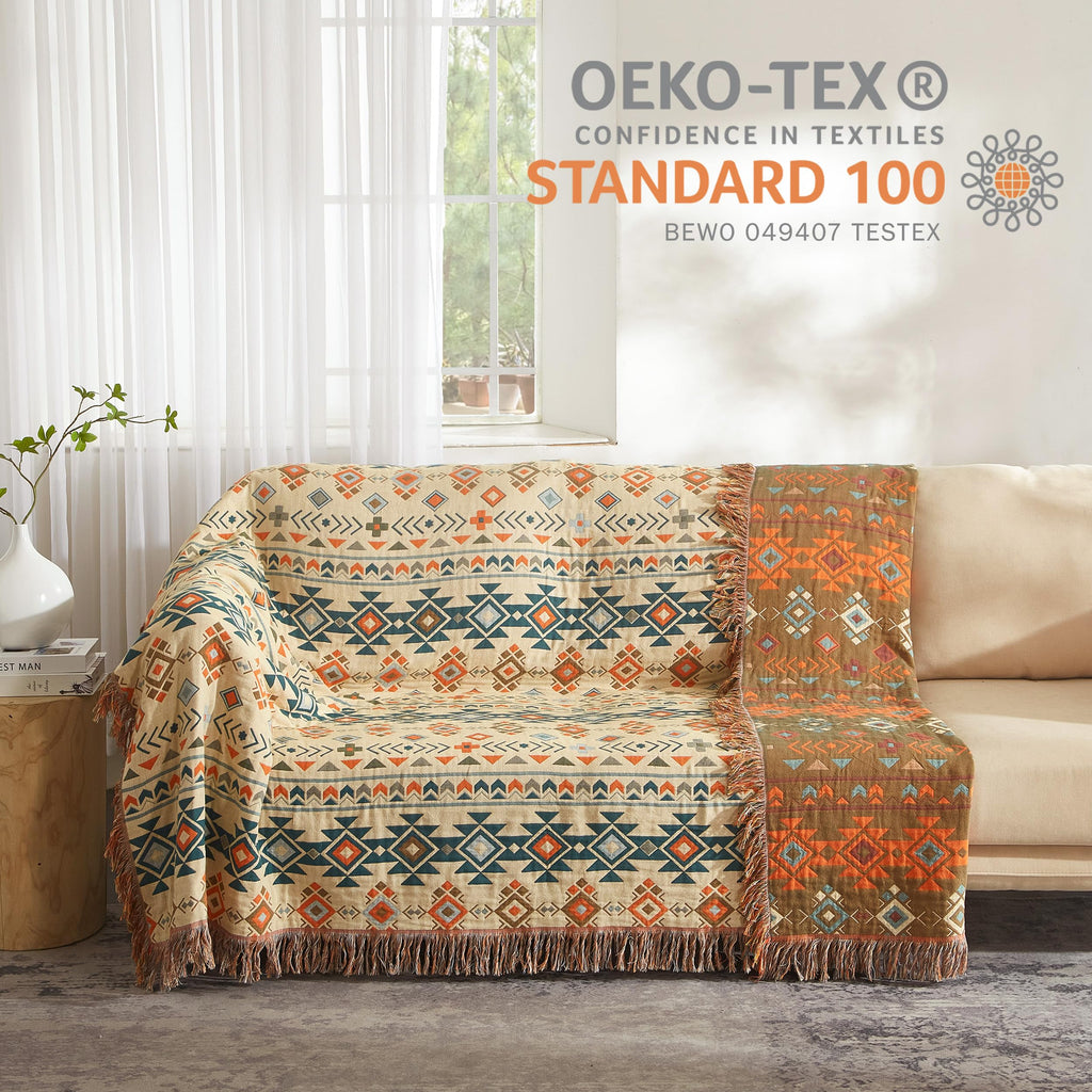 Boho Throw Blanket For Bed 80   X90   , 100% Cotton Woven Blanket For Couch Sofa, Ultra Soft 4-Layer Muslin Quilt With Diamond P