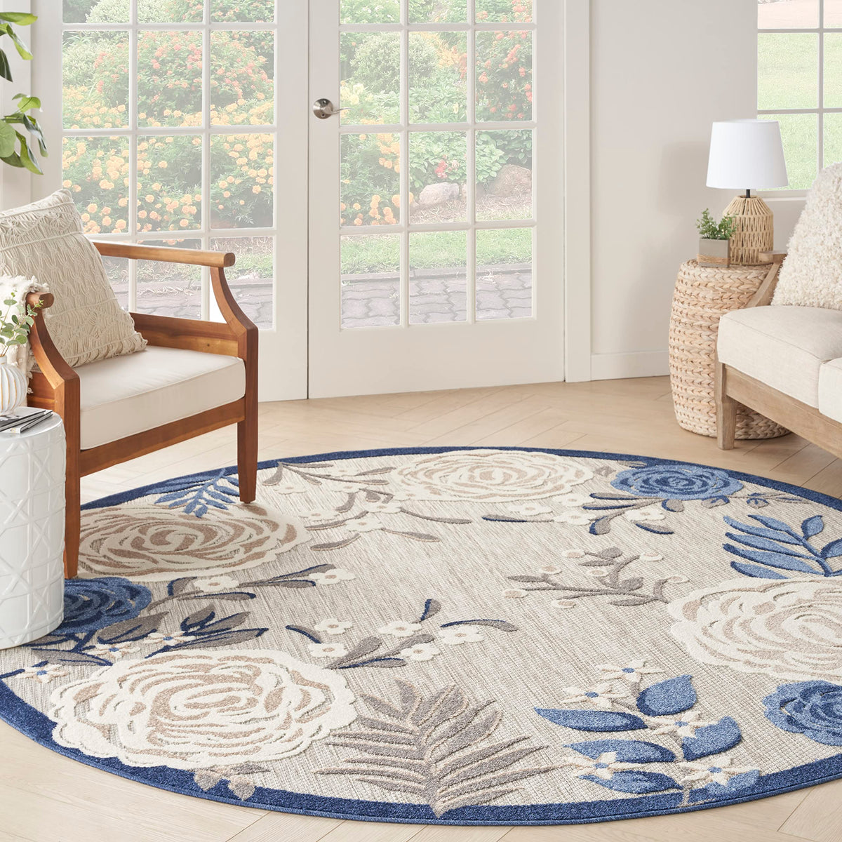 Nourison Aloha Indoor/Outdoor Modern Blue Grey 7’10” X Round Area Rug, Easy Cleaning, Non Shedding, Bed Room, Living Room, Dining Room, Backyard, Deck, Patio (8 Round)