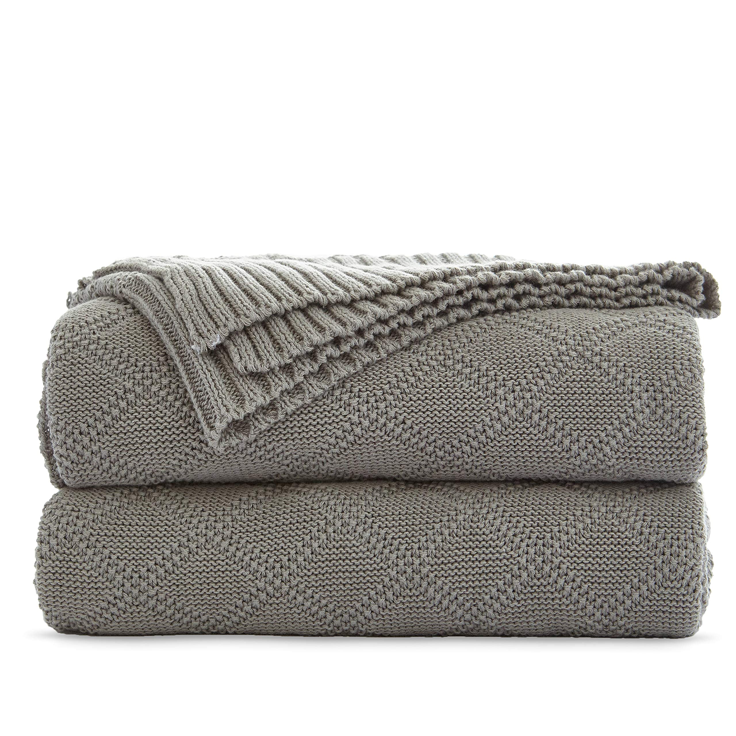 Large 100% Cotton Grey Cable Knit Throw Blanket For Couch Sofa Bed With Bonus Laundering Bag - 60 X 80 Thick, Comfortable Home D