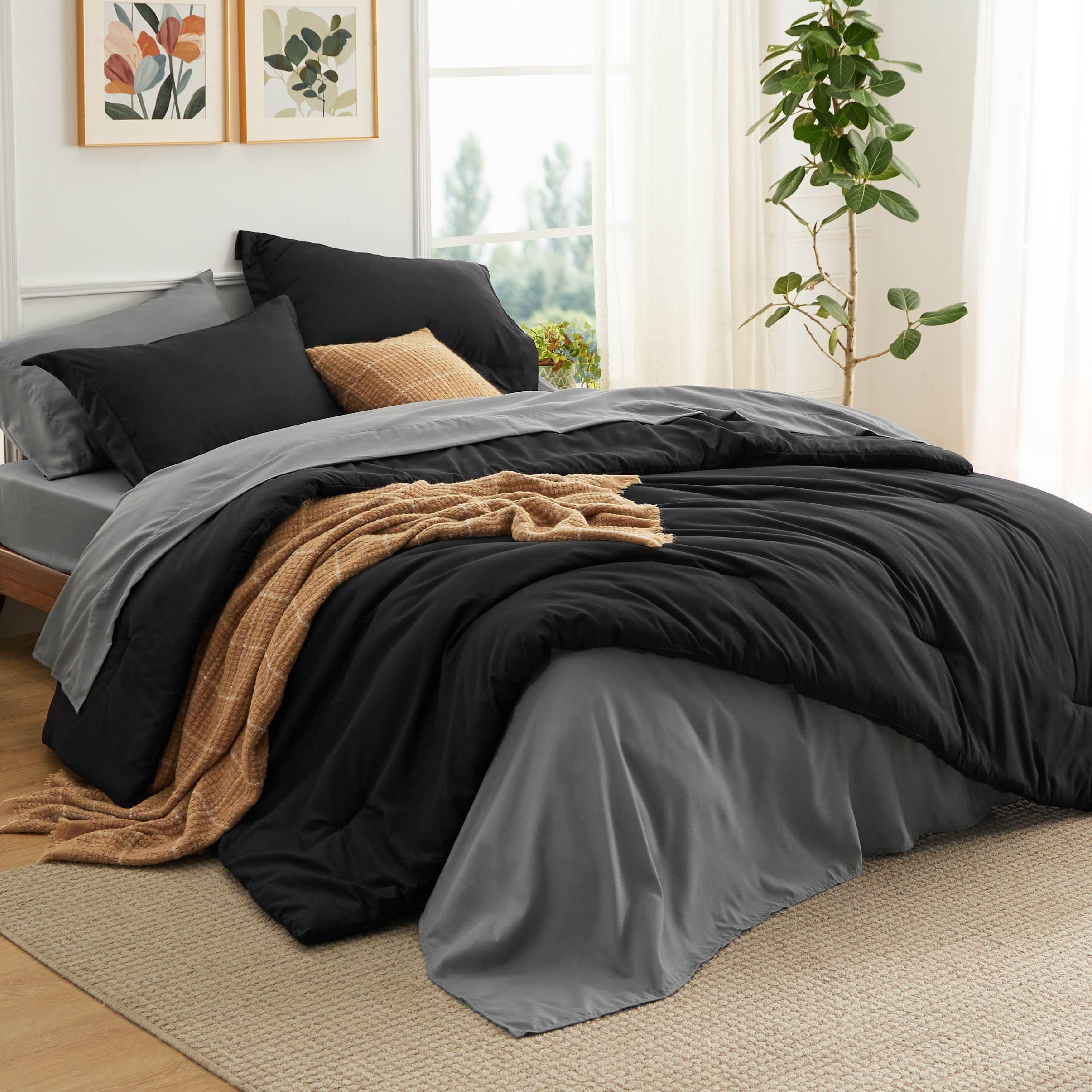 Bedsure Queen Comforter Set - 7 Pieces Black Queen Bedding Set For All Seasons, Boho Contrasting Design Bed In A Bag With Comforter, Sheets, Pillowcases & Shams