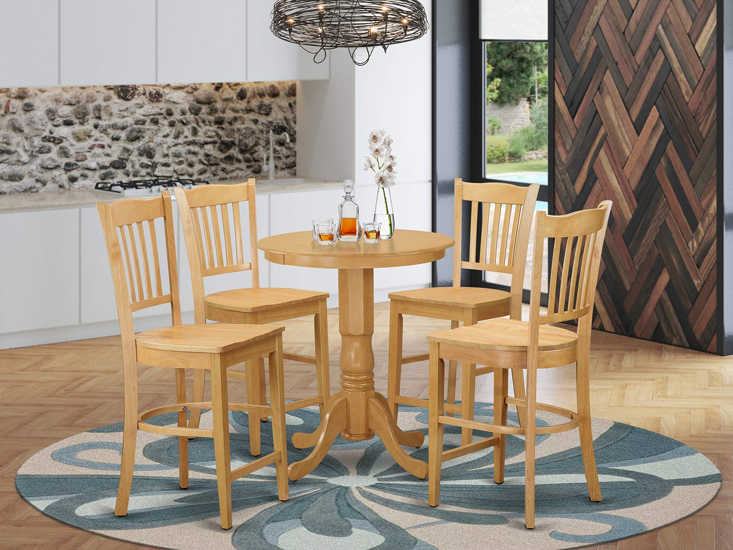 East West Furniture EDGR5-OAK-W 5 Piece Kitchen Counter Set Includes a Round Dining Room Table with Pedestal and 4 Dining Chairs, 30x30 Inch, Oak