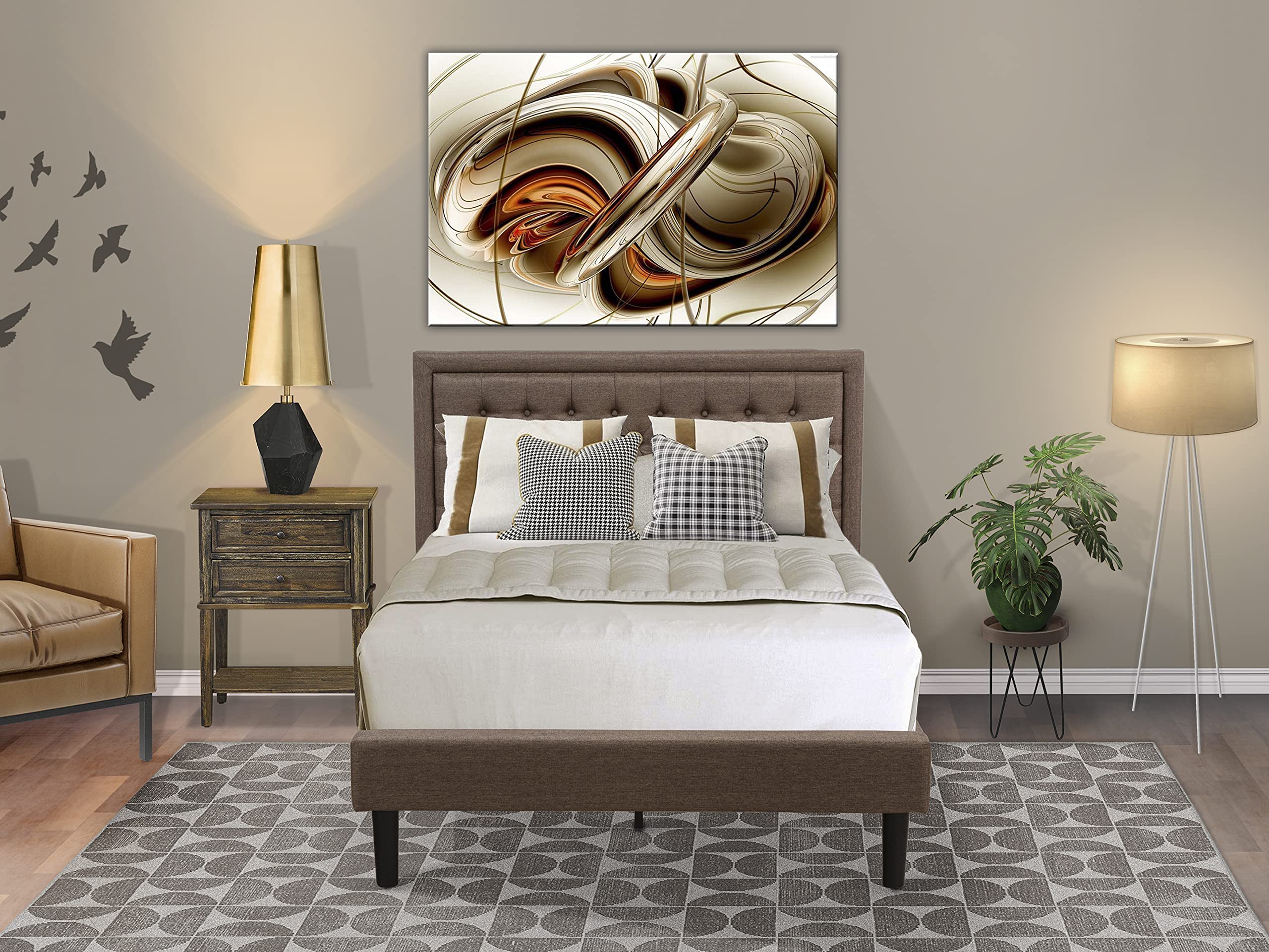 East West Furniture KD18F-1VL07 2 Piece Full Size Bed Set - 1 Bed Frame Brown Linen Fabric Padded and Button Tufted Headboard with 1 Nightstand - Distressed Jacobean Finish Nightstand