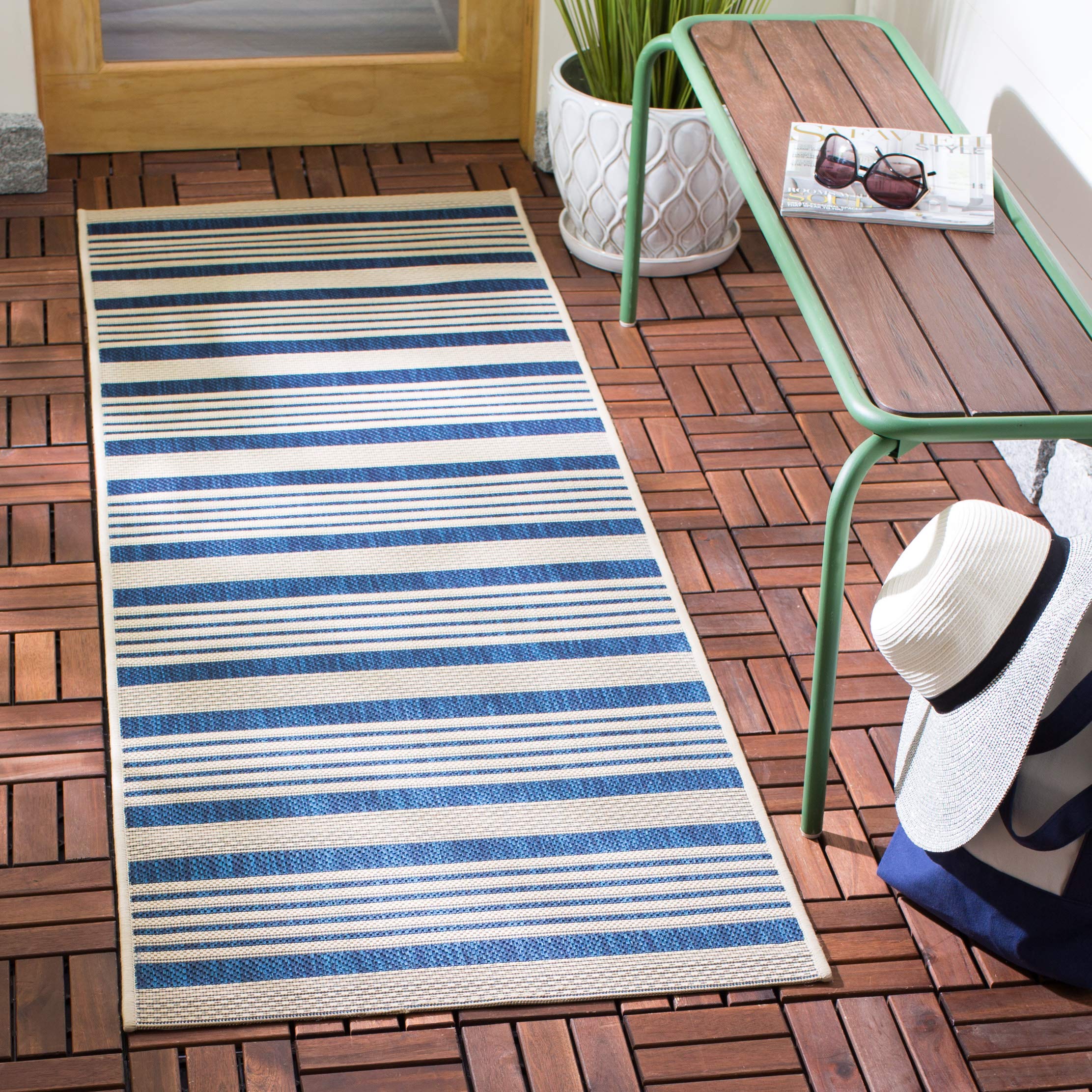 Safavieh Courtyard Collection 2'3'' X 16' Navy/Beige Cy6062 Stripe Indoor/ Outside Waterproof Easy Cleansingpatio Backyard Mudro