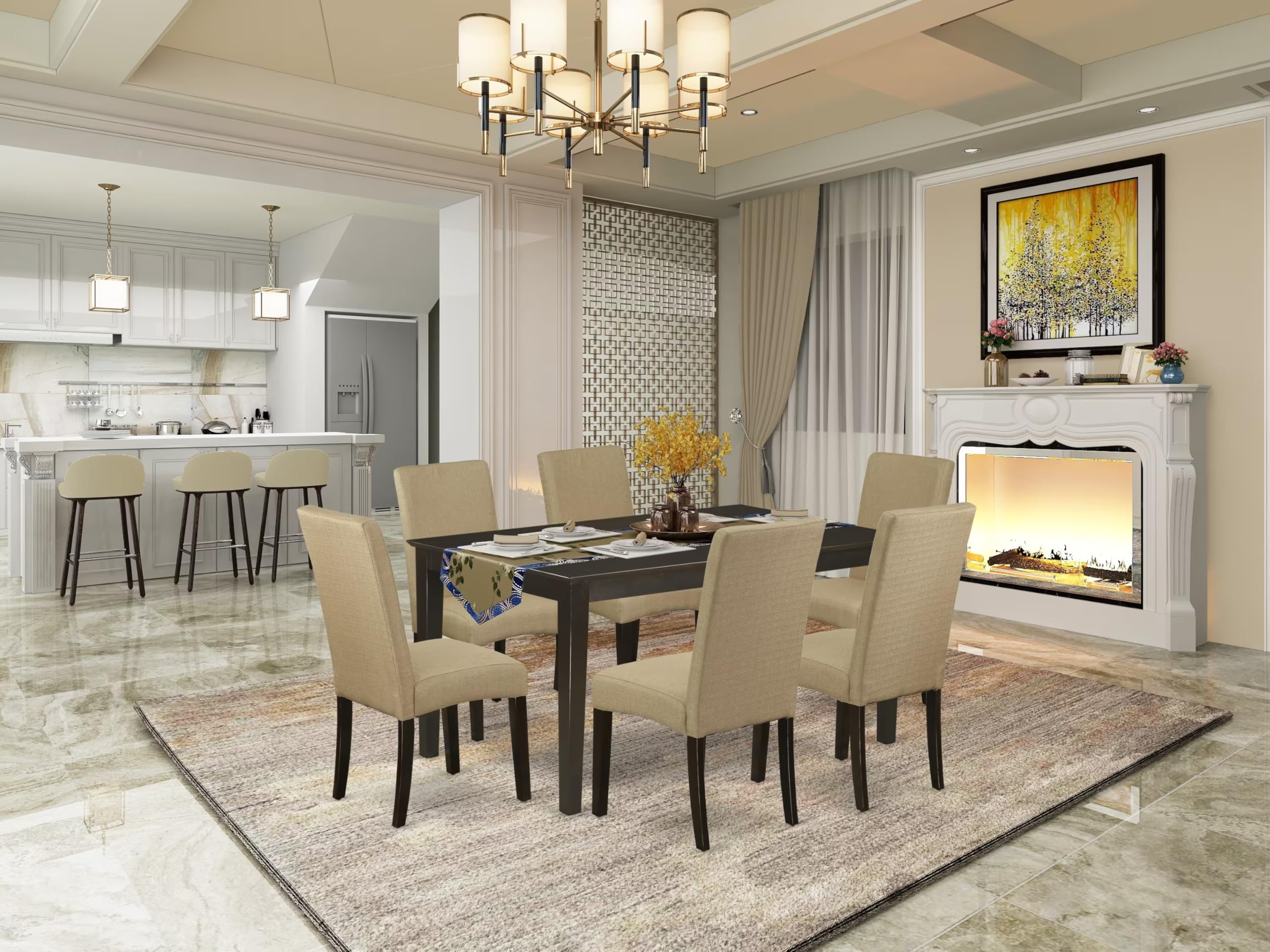 East West Furniture CADR7-CAP-03 7 Piece Dining Set Consist of a Rectangle Dining Room Table and 6 Brown Linen Fabric Upholstered Parson Chairs, 36x60 Inch, Cappuccino