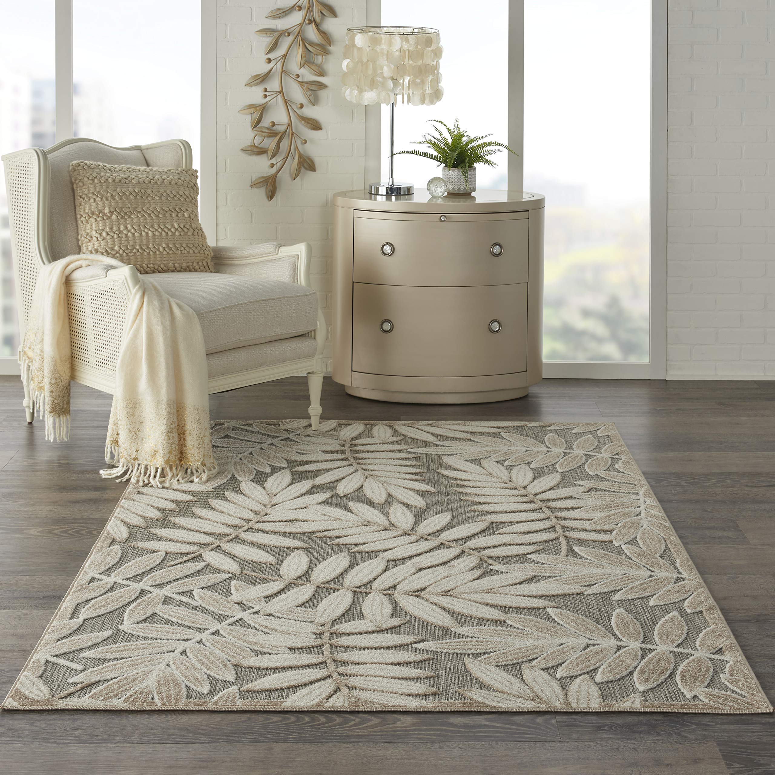 Nourison Aloha Indoor/Outdoor Natural 5'3' X 7'5' Area Rug, Easy Cleaning, Non Shedding, Bed Room, Living Room, Dining Room, B