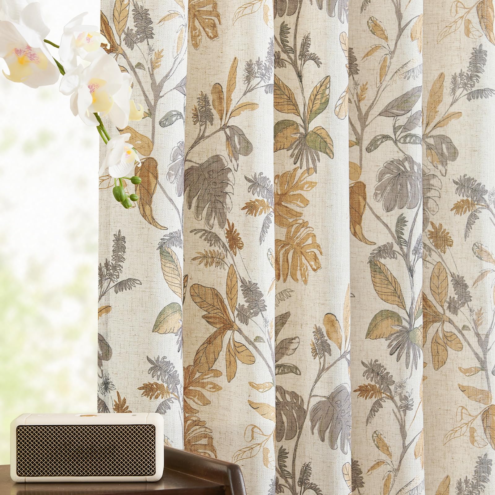 Jinchan Linen Curtains For Living Room 84 Inches Long Tropical Leaf Print Botanical Curtains Flax Farmhouse Country Curtains Rod
