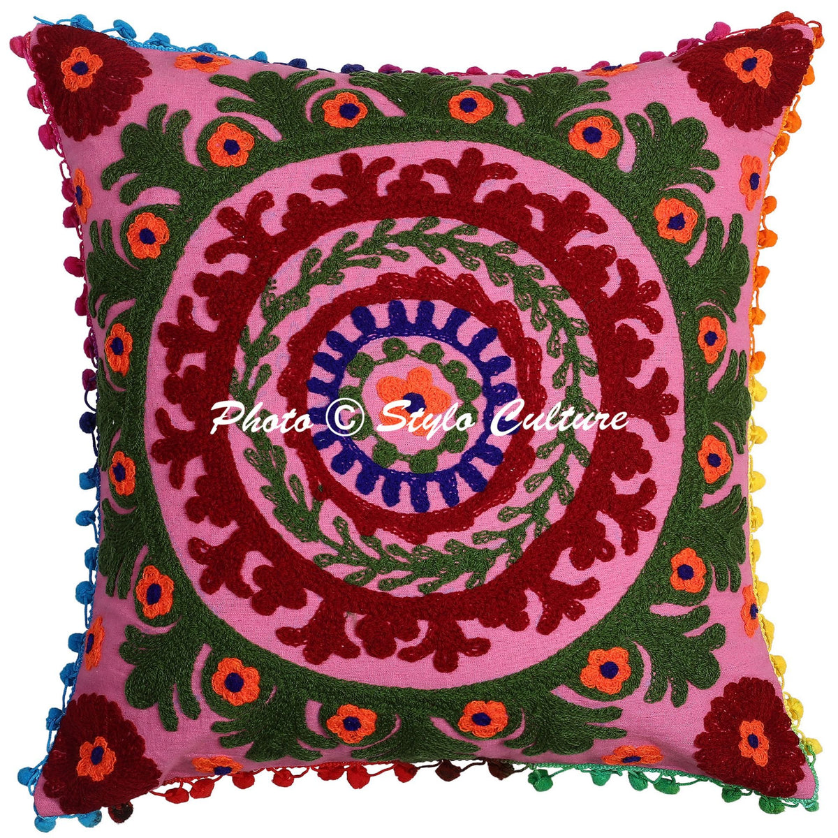 Stylo Culture Ethnic Floral Cushion Cover 17X17 Inches Pink Embroidered Suzani Work With Pompom Lace Cotton Square Decorative Cu