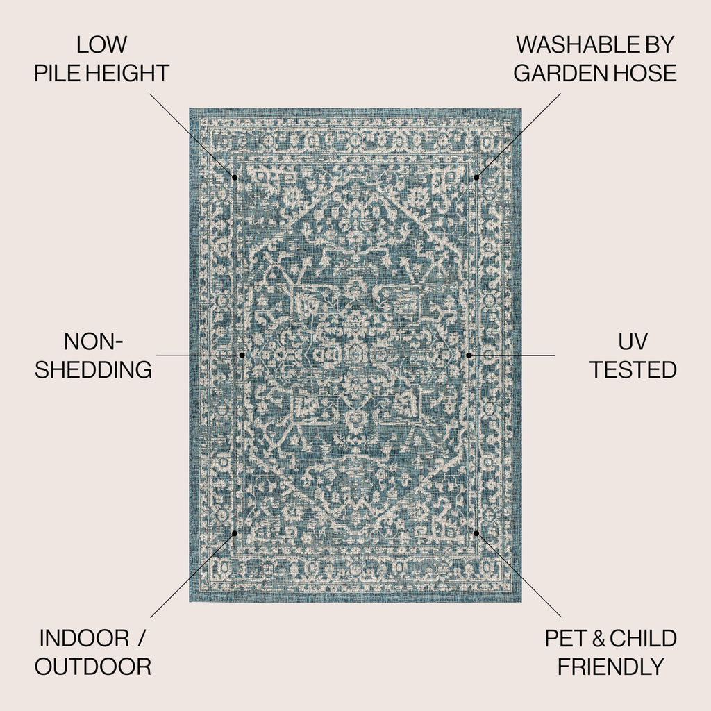 Jonathan Y Smb104B-5Sq Malta Bohemian Medallion Textured Weave Indoor Outdoor Area Rug, Coastal,Traditional,Transitional Easy Clean,Bedroom,Kitchen,Backyard,Patio, Non-Shed, Teal/Gray, 5' Square